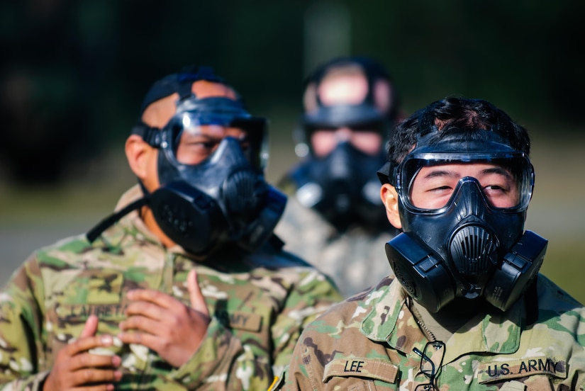 Soldiers from Headquarters and Headquarters Company, 301st Maneuver Enhancement Brigade, prepare to enter a mask confidence chamber as preparation for a response to a Chemical, Biological, Radiological or Nuclear (CBRN) attack, at Joint Base Lewis-McChord, Washington, January 21st, 2017. The purpose of the training was to familiarize soldiers with the M50 Joint Service General Purpose Mask, and to ensure that they are prepared to respond to a CBRN incident or attack. 