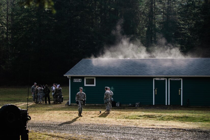 Water vapor rises from confidence chamber as the sun warms the damp roof, while the room is being prepared for training at Joint Base Lewis, McChord, Washington, January 21, 2017. The purpose of the training was to familiarize soldiers with the M50 Joint Service General Purpose Mask, and to ensure that they are prepared to respond to a CBRN incident or attack. 