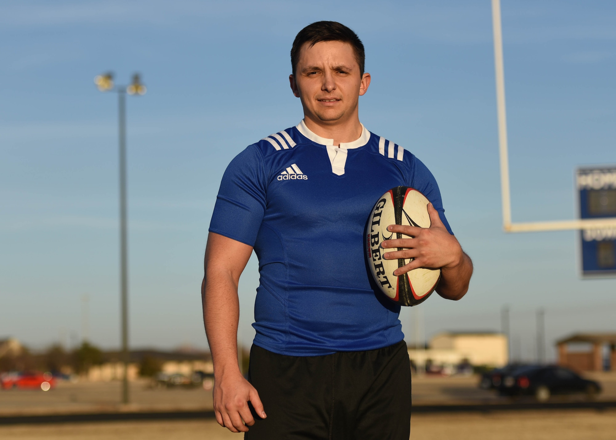 U.S. Air Force 2nd Lt. Jacob Kirkland, 97th Contracting Flight contracting specialist, poses during rugby practice, Feb. 10, 2017, Altus Air Force Base, Oklahoma. Kirkland was selected to play on the USAF rugby sevens team in the Las Vegas Invitation tournament, March 3-5. (U.S. Air Force photo by Senior Airman Nathan Clark/Released)