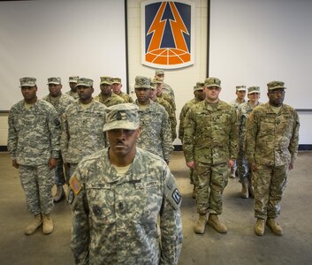 U.S. Army Reserve Soldiers with Detachment 6, 335th Signal Command (Theater), stand in formation at the position of attention during their deployment ceremony at the command headquarters in East Point, Ga., Feb. 12, 2017. They were about to leave for a nine-month deployment to the Middle East. 