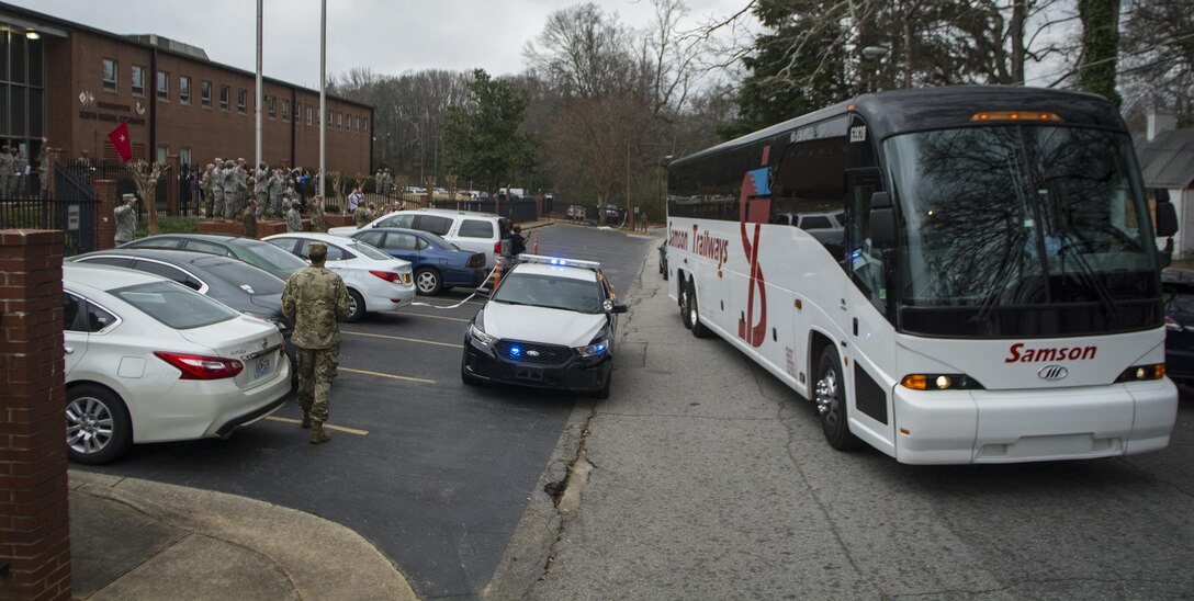 U.S. Army Reserve Detachment 6, 335th Signal Command (Theater), leaves for a nine-month deployment to the Middle East from the command headquarters in East Point, Ga., Feb. 12, 2017. 