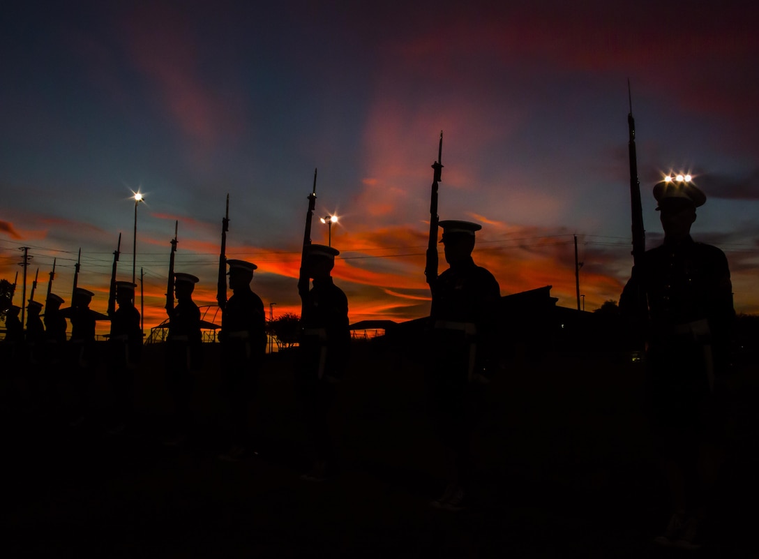 The U.S. Marine Corps Silent Drill Platoon practices “long line,” a portion of their drill routine, during a month-long training phase as a part of the Marine Corps Battle Color Detachment aboard Marine Corps Air Station Yuma, Az., Feb. 8, 2017. The BCD is comprised of the U.S. Marine Corps Silent Drill Platoon, “The Commandant’s Own,” the U.S. Marine Drum & Bugle Corps and the U.S. Marine Corps Color Guard. This highly skilled unit travels across the country to demonstrate the discipline, professionalism, and “Esprit de Corps” of United States Marines. (Official Marine Corps photo by Cpl. Robert Knapp/Released)