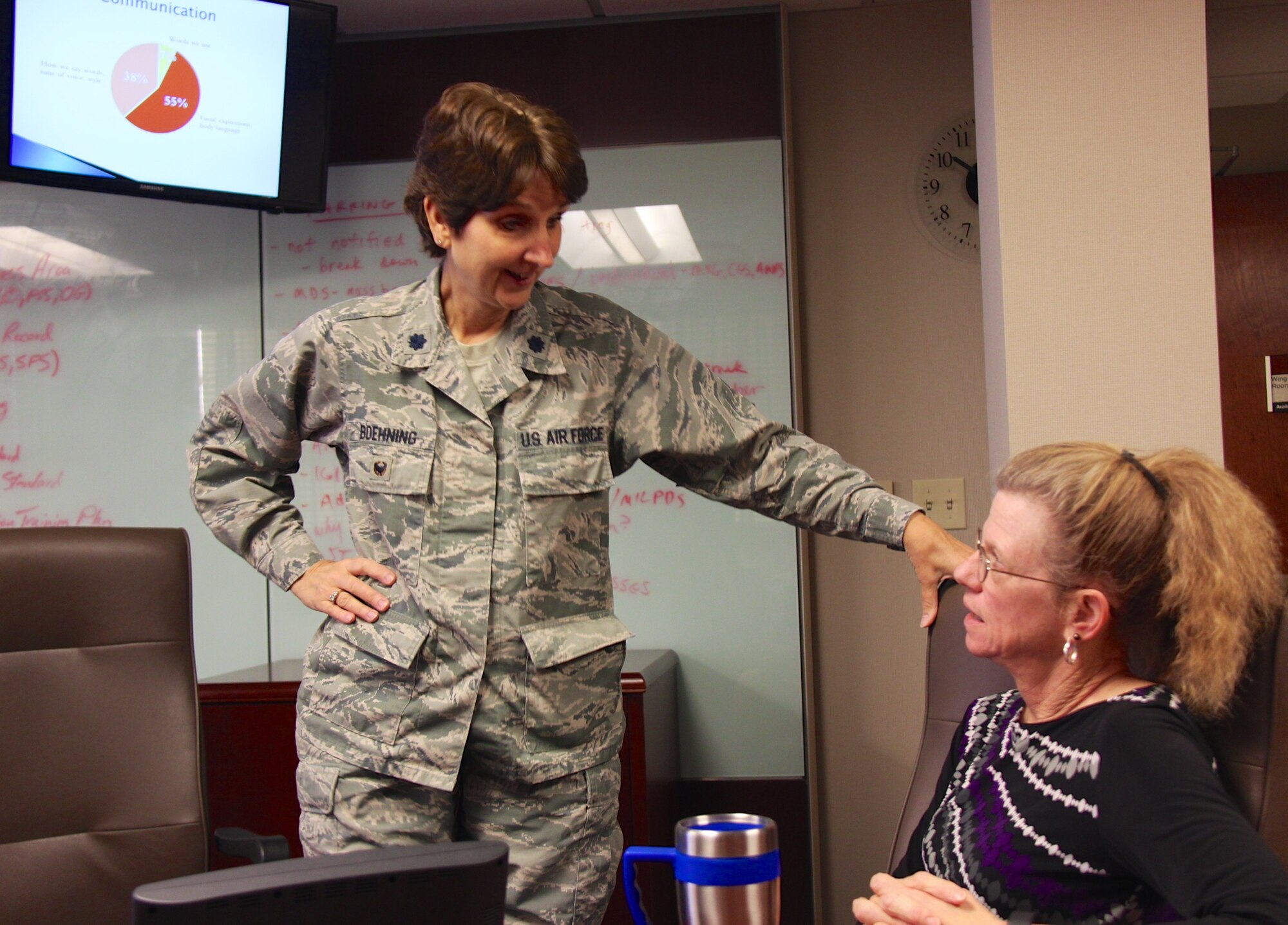 932nd Airlift Wing Process Manager and Certified Covey facilitator, Lt. Col. Stephanie Boehning, talks with Deb Teague from the 932nd Family Readiness Office, during Boehning's Thursday morning class about how communication should work in the workplace, but is sometimes misunderstood. Col. Boehning's courses are all listed on the wing's EIM page and email reminders are sent to the unit members each week to give them a chance to come participate, and not only improve themselves personally, but also improve the execution of their unit, squadron, group and wing mission. "Instead of offering four-hour lecture courses, I'm trying something much different and much shorter. I'll be offering two opportunities each week," said Colonel Boehning. "SOS Tuesdays: Each Tuesday you will receive an SOS email. In this instance, SOS stands for "Sharpen our Saw" which means stop and take time for you. If you keep sawing without stopping, then eventually the blade will be dull and not cut as well," she said.   "The same goes for you. If you keep working and working without stopping to re-energize, you'll be far less productive. The idea is to stop, read the email, and take some time for you," Col Boehning said. The plan is for it to take less than 15-minutes for anyone to read, learn, and apply. Reminders on upcoming classes at the 932nd Airlift Wing: Take Time Thursdays is another opportunity to "sharpen your saw" by physically coming to class each Thursday from 10:15 a.m., to 10:45 a.m. The training session is usually held in the 932 AW Auditorium or conference room. "Topics will vary and we'll have many guest speakers as we bring in experts to cover various topics," said Boehning. (U.S. Air Force photo by Lt. Col. Stan Paregien)