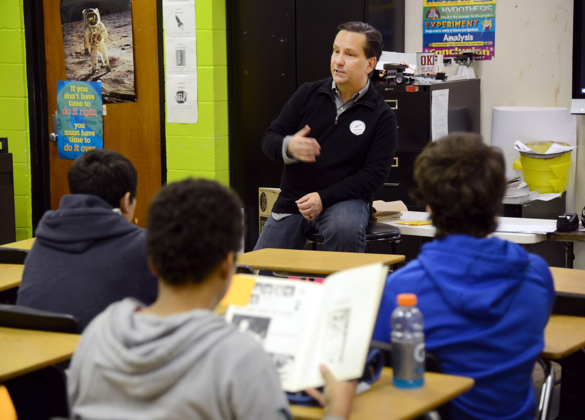 Wade Wolfe, vice director of the Oklahoma City Air Logistics Complex, was one of the featured guest speakers at Career Day at Jarman Middle School in Midwest City Jan. 20. Mr. Wolfe spoke with eighth graders about his educational and professional background, as well as his main duties at the OC-ALC. (Air Force photo by Kelly White)