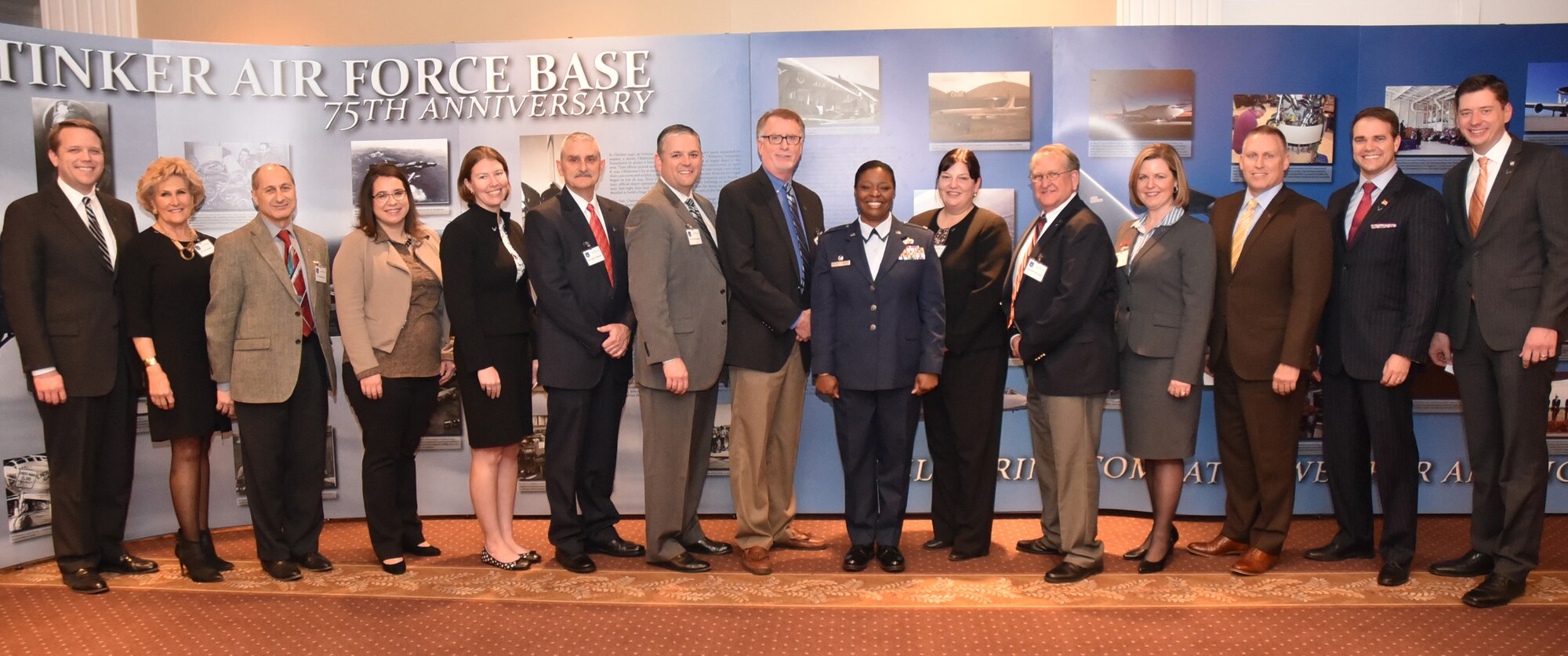 A new class of Honorary Commanders were inducted into the year-long program Jan. 31. The program pairs a member of the community with a key leader from Tinker Air Force Base for one year, during which time they learn more about each other’s professional responsibilities. The relationships the partners build benefits both as each attains a better understanding and appreciation for the different sides of governmental and community service. Pictured with 72nd Air Base Wing Commander Col. Stephanie Wilson are 2017 class members, from left, Lane Neal, associate attorney with Durbin, Larimore & Bialick; Judy Hatfield, vice chair-Military and Aerospace with the Greater Oklahoma City Chamber; Joseph Brevetti, manager of Charter Oaks Oil and Gas; Carol Goodwin, Del City Chamber of Commerce executive director; Elizabeth Anthony, founder of Reel Classics; Johnny Kuhlman, deputy chief of police with the Oklahoma City Police Department; Ron Witherspoon, sales manager/executive vice president of Arvest Bank-Oklahoma City; David Brown, associate director of the Oklahoma Geological Survey; Aurora Lora, Oklahoma City Public Schools superintendent; Matt Dukes, mayor of Midwest City; Debra Teufel, director of the Price College of Business at the University of Oklahoma; Jim Gebhart, president of Mercy Hospital Oklahoma City; Randy Grau, deputy county commissioner for Oklahoma County; Sen. David Holt, Oklahoma State Senate, District 30. Not pictured is Sen. Ron Sharp, Oklahoma State Senate, District 17.  (Air Force photo by April McDonald)