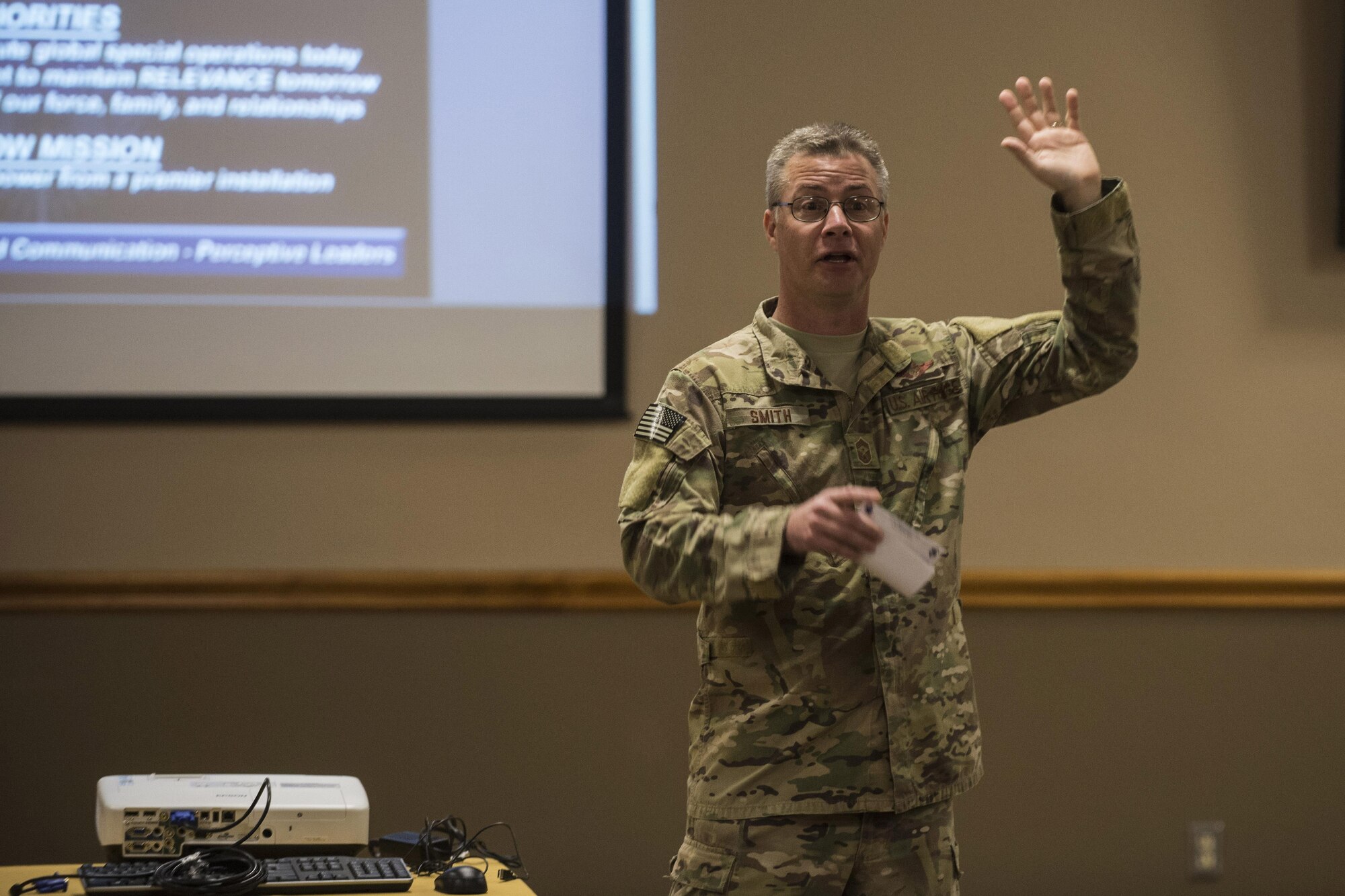 Chief Master Sgt. Gregory Smith, Air Force Special Operations Command chief, provides the initial remarks at the start of the AFSOC Chiefs Orientation course, Feb. 7, 2017, at Cannon Air Force Base, N.M. Smith, along with other AFSOC command chiefs, provided the newly-elected chiefs with mentorship, guidance and perspective to aid them in their new position. (U.S. Air Force photo by Senior Airman Luke Kitterman/Released) 