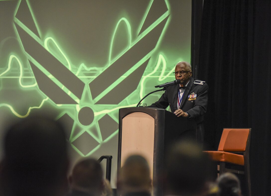 Retired Lt. Col. James H. Harvey III, a member of the historic Tuskegee Airmen, speaks to attendees of the 419th Fighter Wing’s annual awards ceremony Feb. 11, 2017 at Layton’s Davis Conference Center. Harvey, 93, who served as keynote speaker at the ceremony, has flown 12 different airframes and was the first African-American pilot to fly combat missions in Korean airspace. (U.S. Air Force photo/Senior Airman Justin Fuchs)