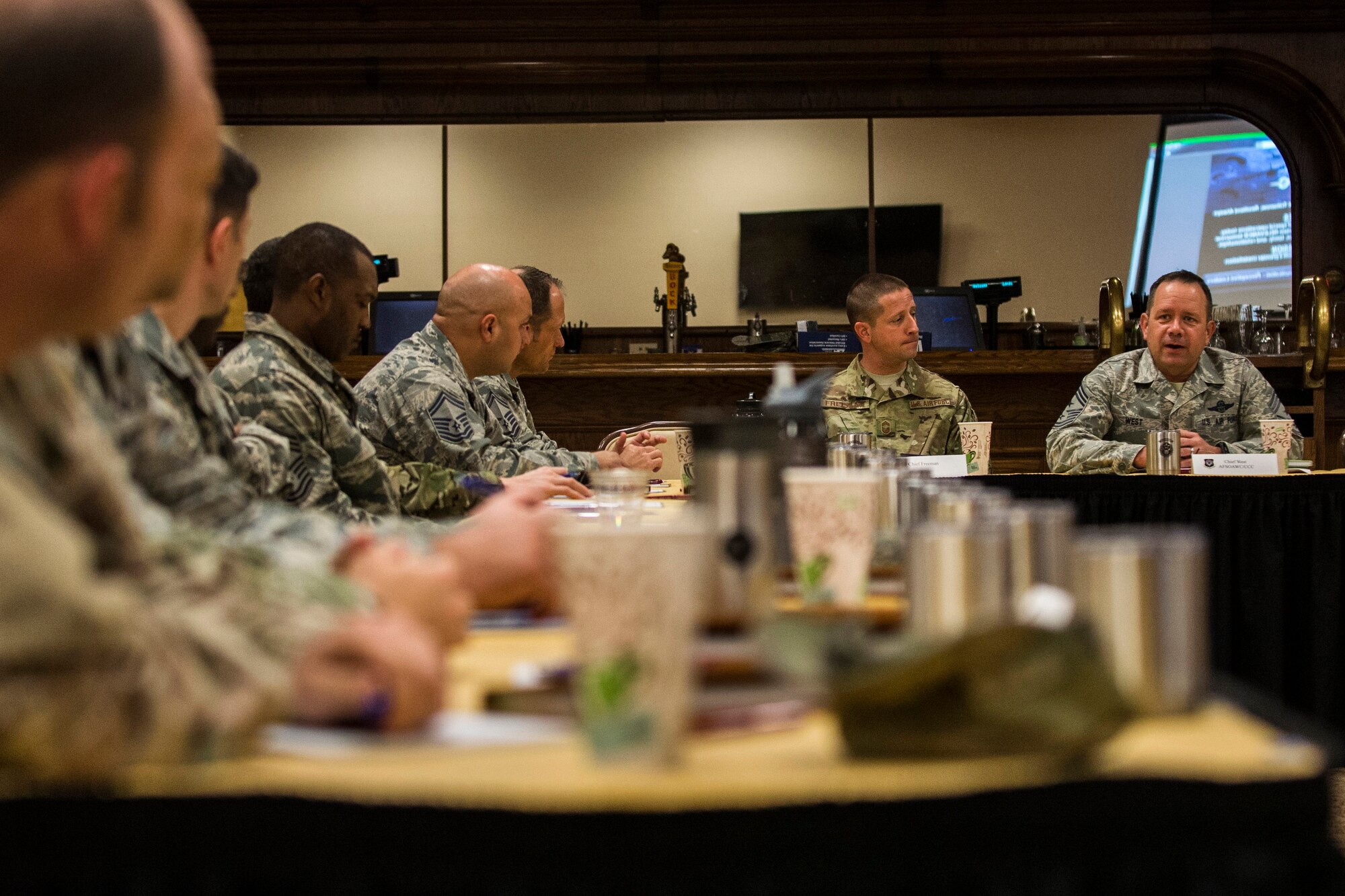 Attendees share ideas with each other during the Air Force Special Operations Command Chiefs Orientation course Feb. 7, 2017, at Cannon Air Force Base, N.M. The course lasted three days covering numerous topics ranging from being a resilient leader to impacting young Airmen. (U.S. Air Force photo by Senior Airman Luke Kitterman/Released) 