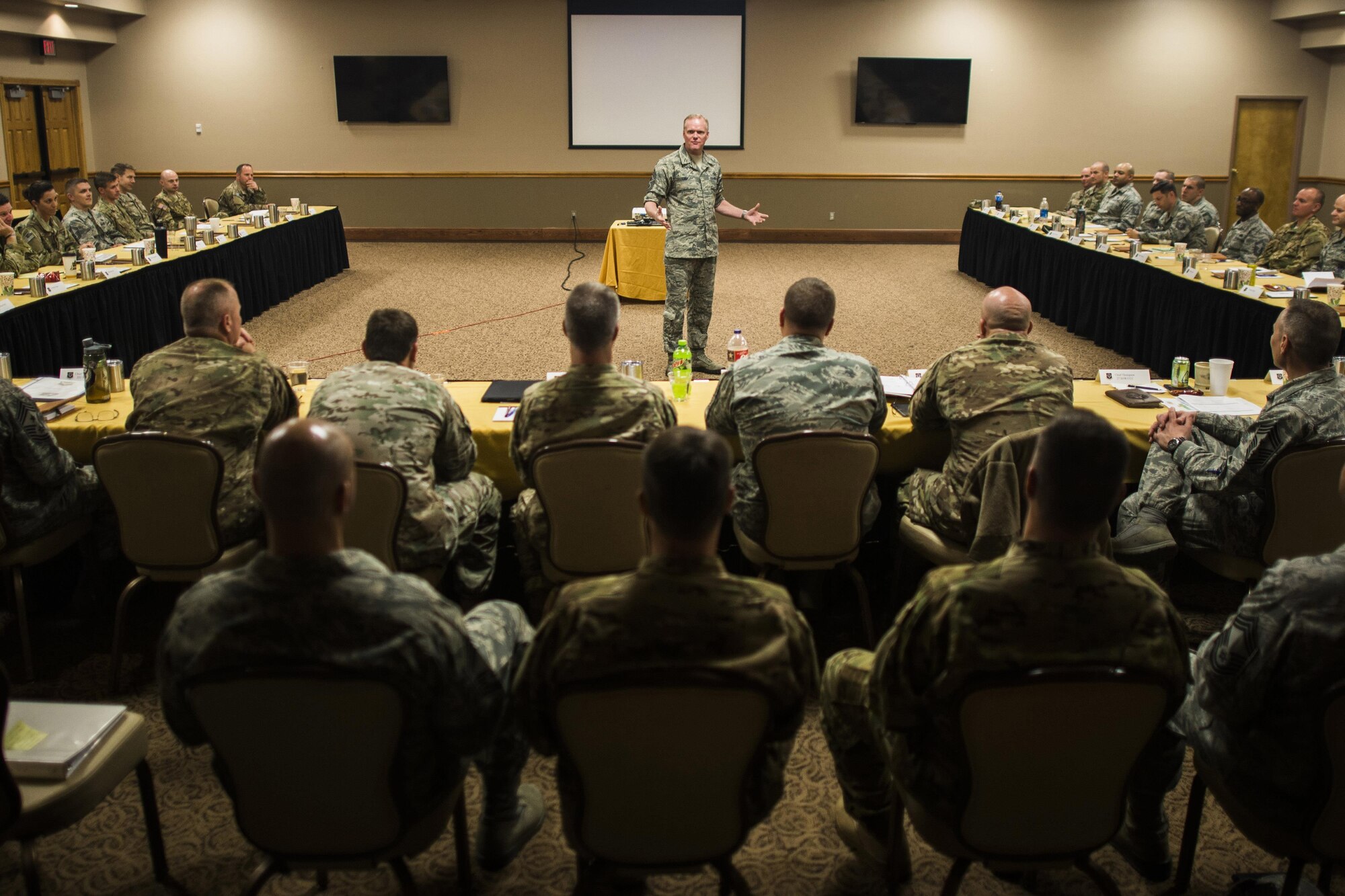 Chief Master Sgt. of the Air Force James A. Cody speaks to newly-elected, current and command chiefs during the Air Force Special Operations Command Chiefs Orientation course Feb. 7, 2017, at Cannon Air Force Base, N.M. Cody spoke on the responsibilities the new chiefs now possess, how to carry one’s self at the highest enlisted rank and congratulated the newly-elected chiefs on their career accomplishment. (U.S. Air Force photo by Senior Airman Luke Kitterman/Released) 