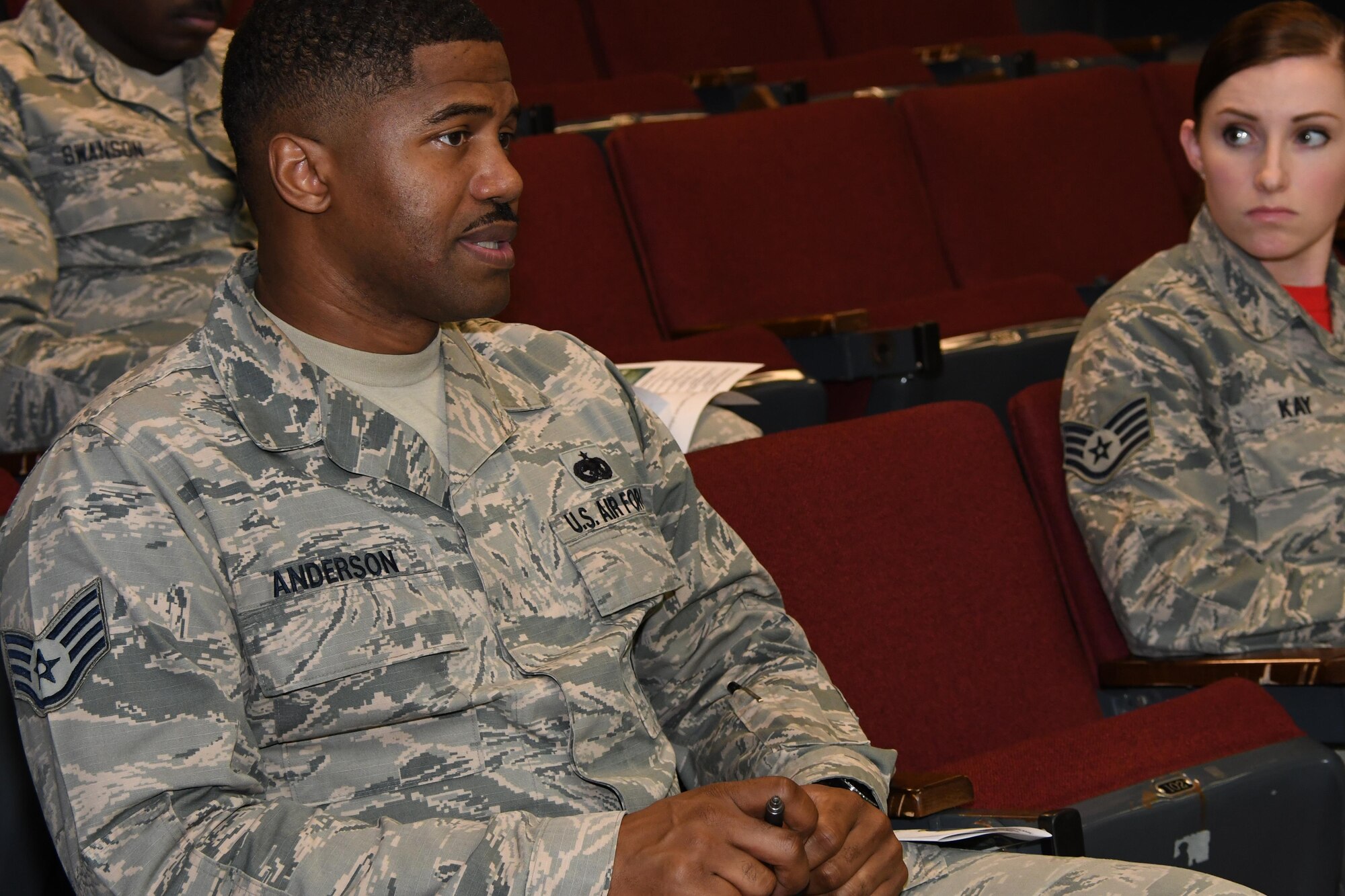 U.S. Air Force Staff Sgt. Davon Anderson, 307th Logistical Readiness Squadron fuels journeyman, asks a question during a session to recruit military training instructors at Barksdale Air Force Base, La., Feb. 11, 2017.  The question and answer session was part of a presentation by Master Sgt. Carlos Recorder, 433rd Training Squadron military training instructor.  The 433rd TRS is in need of more than 30 instructors to train Air Force recruits during basic military training.  (U.S. Air Force photo by Tech. Sgt. Ted Daigle/Released)