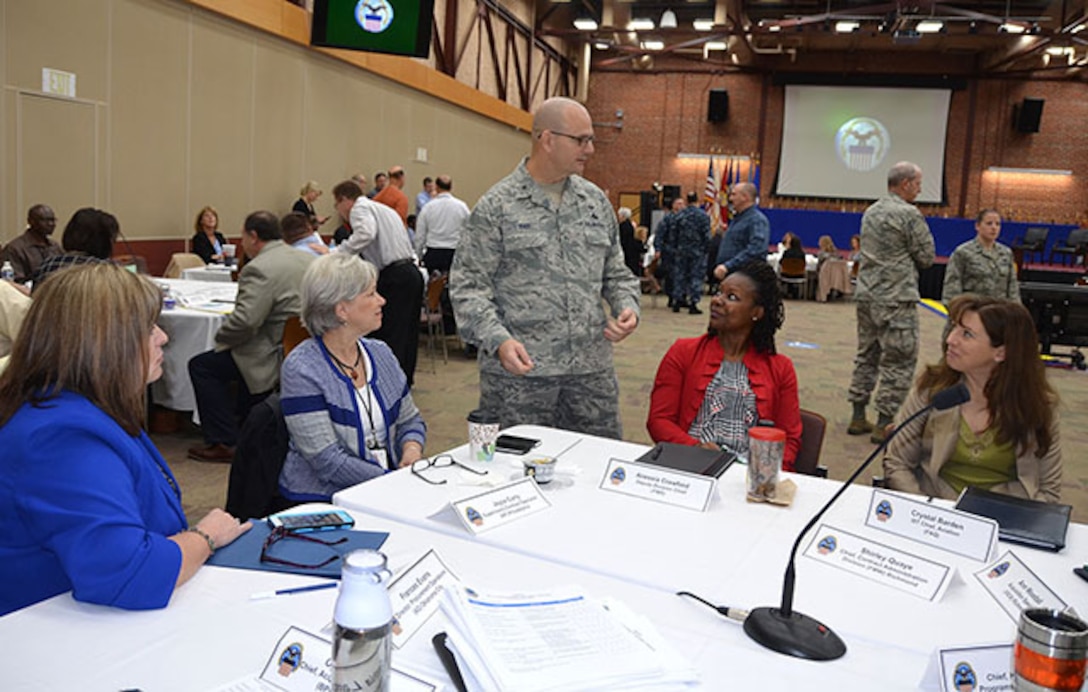 Defense Logistics Agency Aviation Commander Air Force Brig. Gen. Allan Day speaks with Senior Leader Conference attendees during a break.  The conference was held Feb. 7-9, 2017 on Defense Supply Center Richmond, Virginia.