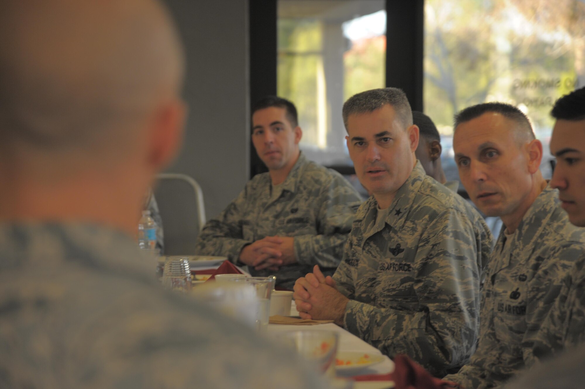 Brig. Gen. Lenny Richoux, 18th Air Force vice commander, answers a question during a breakfast with junior enlisted Airmen at MacDill Air Force Base, Florida, Feb. 2, 2017. Richoux discussed education and the many opportunities young Airmen have to become successful throughout their careers. (U.S. Air Force photo by Airman 1st Class Adam R.Shanks)