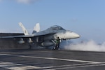 MEDITERRANEAN SEA (Feb. 13, 2017) An F/A-18F Super Hornet assigned to the "Black Lions" of Strike Fighter Squadron (VFA) 213 launches from the aircraft carrier USS George H.W. Bush (CVN 77) in support of Operation Inherent Resolve. The ship's carrier strike group is conducting naval operations in the U.S. 6th Fleet area of operations in support of U.S. national security interests. (U.S. Navy photo by Mass Communication Specialist 3rd Class Christopher Gaines/Released)