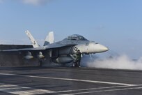 MEDITERRANEAN SEA (Feb. 13, 2017) An F/A-18F Super Hornet assigned to the "Black Lions" of Strike Fighter Squadron (VFA) 213 launches from the aircraft carrier USS George H.W. Bush (CVN 77) in support of Operation Inherent Resolve. The ship's carrier strike group is conducting naval operations in the U.S. 6th Fleet area of operations in support of U.S. national security interests. (U.S. Navy photo by Mass Communication Specialist 3rd Class Christopher Gaines/Released)