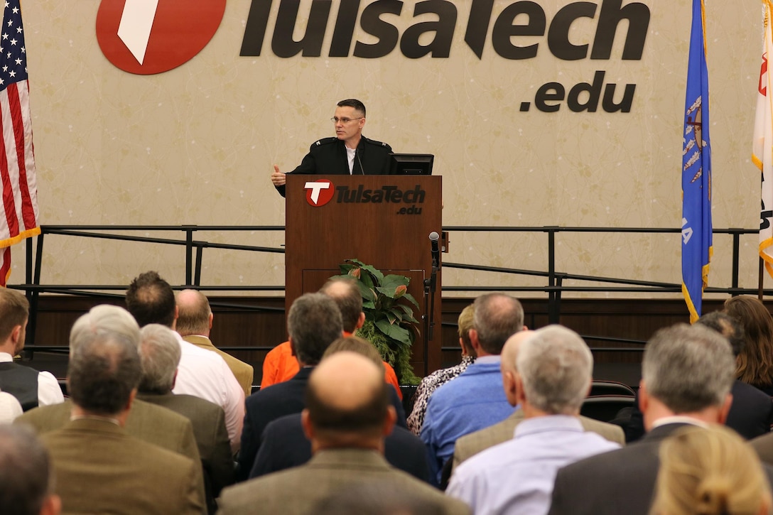 Col. Christopher Hussin, Tulsa District commander, speaks to members of the business community at the Meet the Corps Day event at the Tulsa Technical Center in Owasso, Oklahoma.
