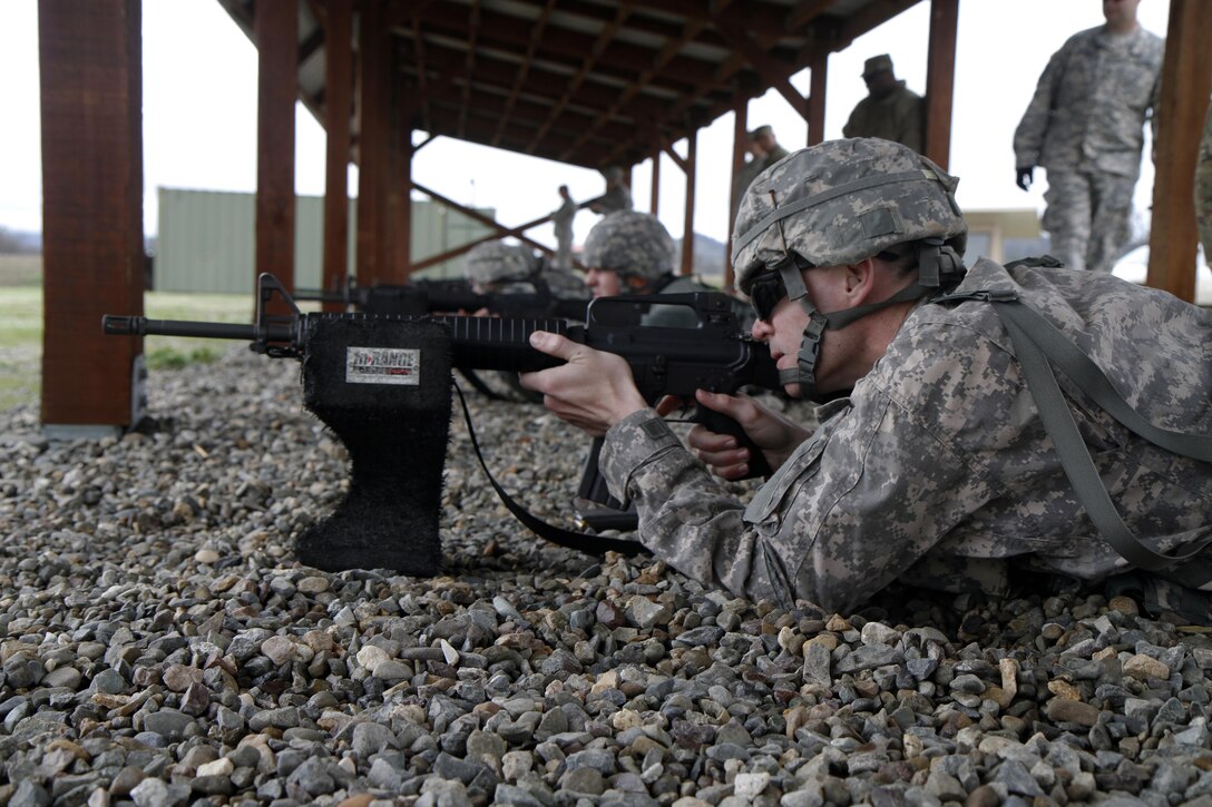 U.S. Army Staff Sgt. Zachary Morin qualifies on the M16 rifle during the Best Warrior Competition, Fort Hunter Liggett, Calif. on February 8, 2017. Morin said even though he was tired he still did his best during qualifications. 