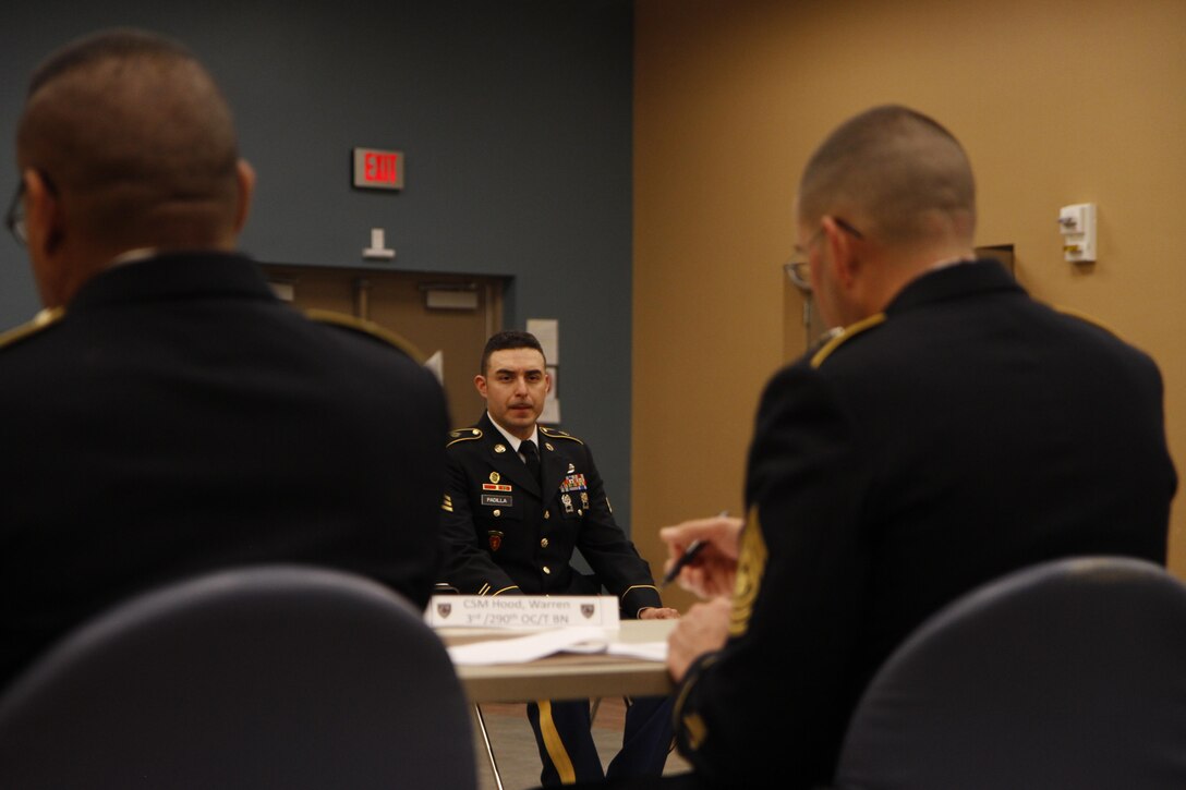 U.S. Army Reserve soldier Sgt. Juan Padilla is asked a question about the 2017 Super Bowl during a board during the Best Warrior Competition Fort Hunter Liggett Calif. on February 9, 2017. Padilla was also questioned on the wear and appearance of the uniform and many other military related topics. 