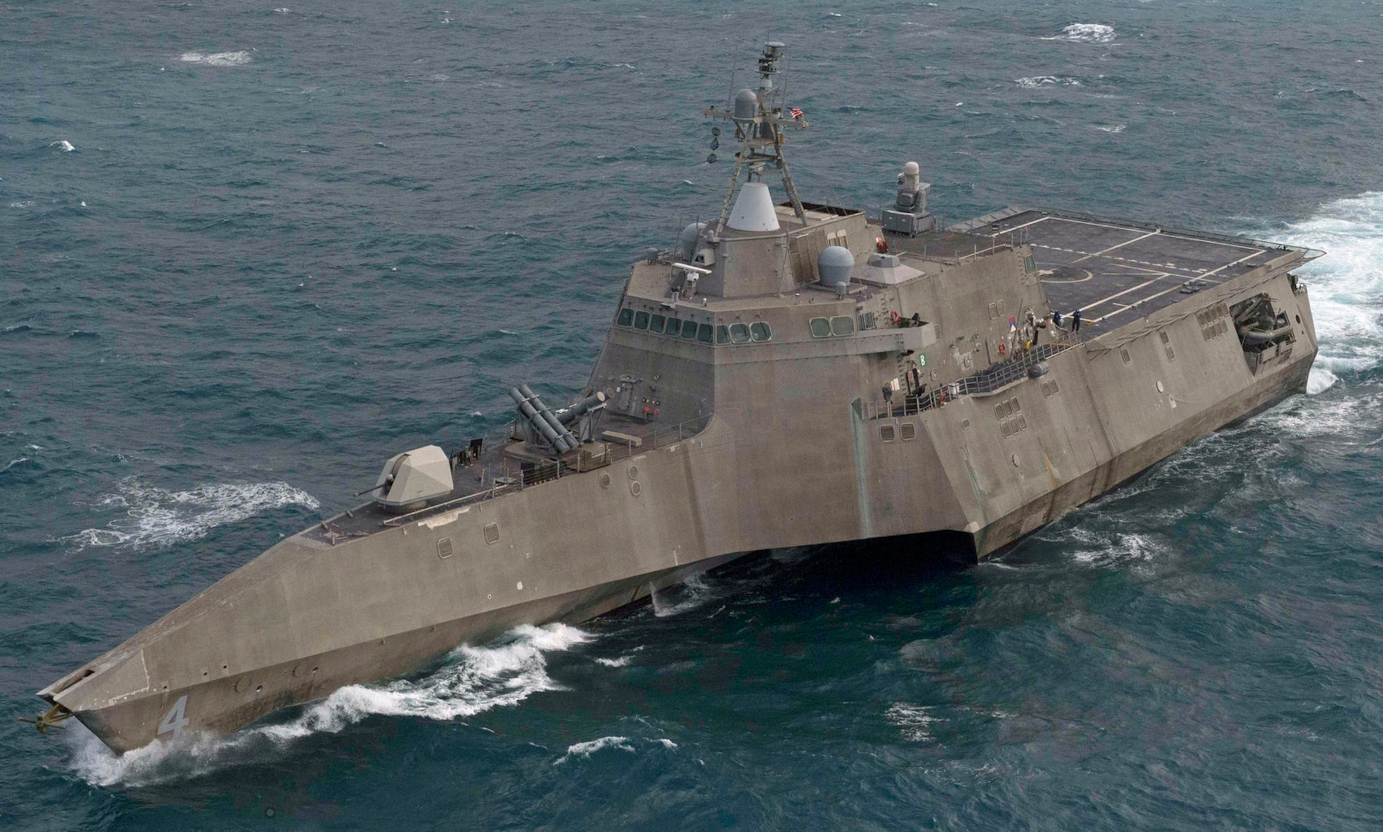 The littoral combat ship USS Coronado (LCS 4) transits the South China Sea during training, Feb. 12, 2017. Currently on a rotational deployment in support of the Asia-Pacific rebalance, Coronado is a fast and agile warship tailor-made to patrol the region's littorals and work hull-to-hull with partner navies, providing 7th Fleet with the flexible capabilities it needs now and in the future.