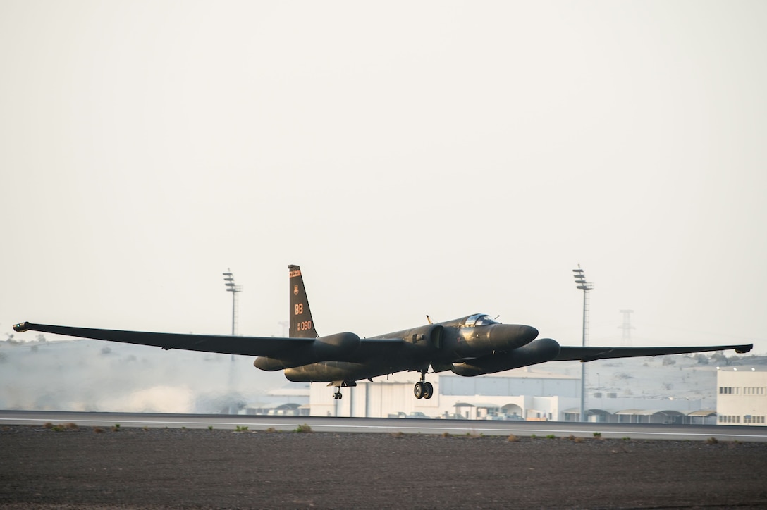 A 380th Air Expeditionary Wing U-2 Dragon Lady launches from an undisclosed location in Southwest Asia, Feb. 10, 2017. The historic U-2 has been in operation since the 1960s and continues its legacy in Combined Joint Task Force-Operation Inherent Resolve. (U.S. Air Force photo/Senior Airman Tyler Woodward)