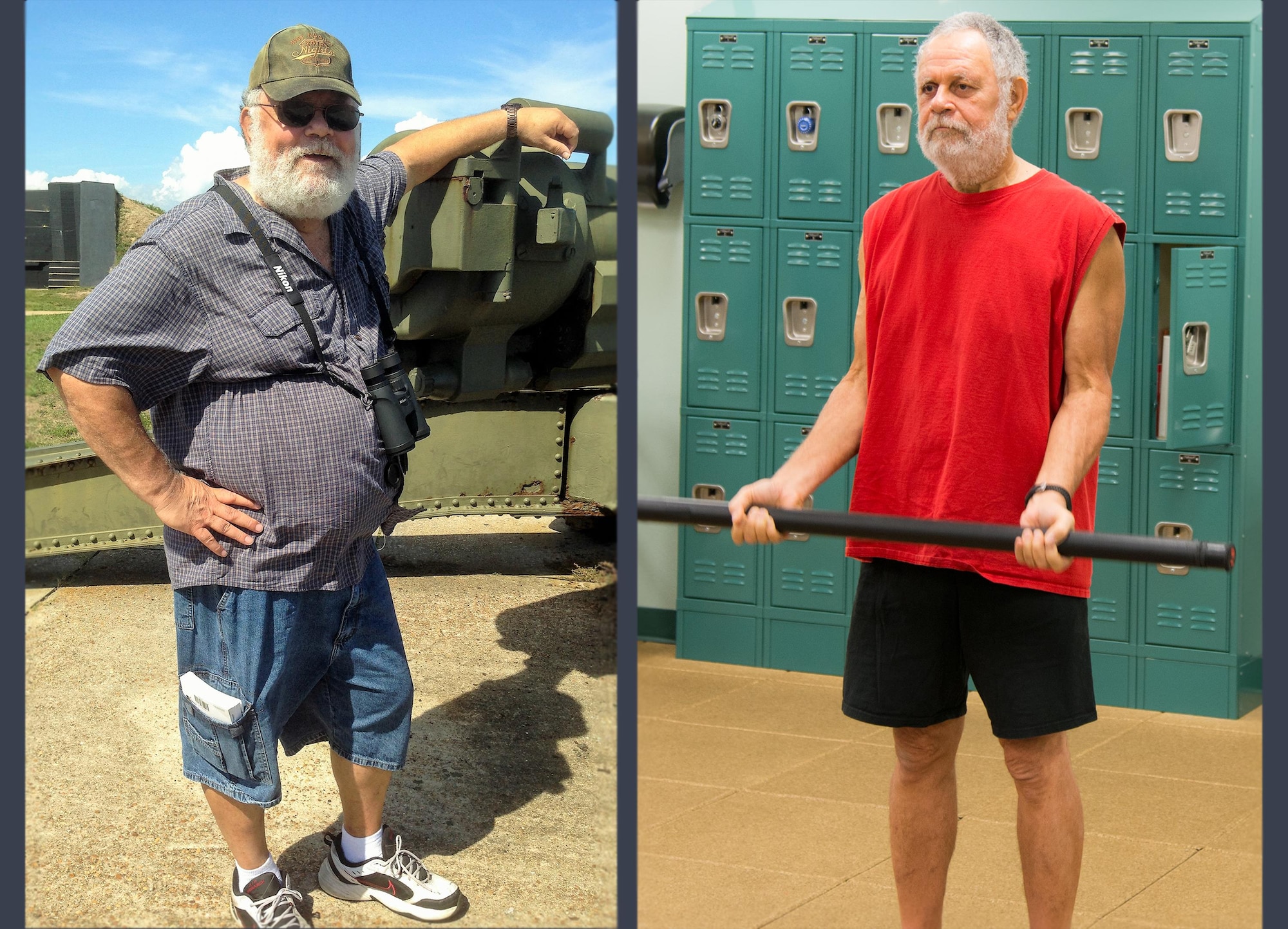 Retired Master Sgt Steve Fleming has lost over 140 pounds since starting his weight loss journey in May 2015. Fleming was 320 pounds at left, and 189 pounds at right. (Graphic photo) 