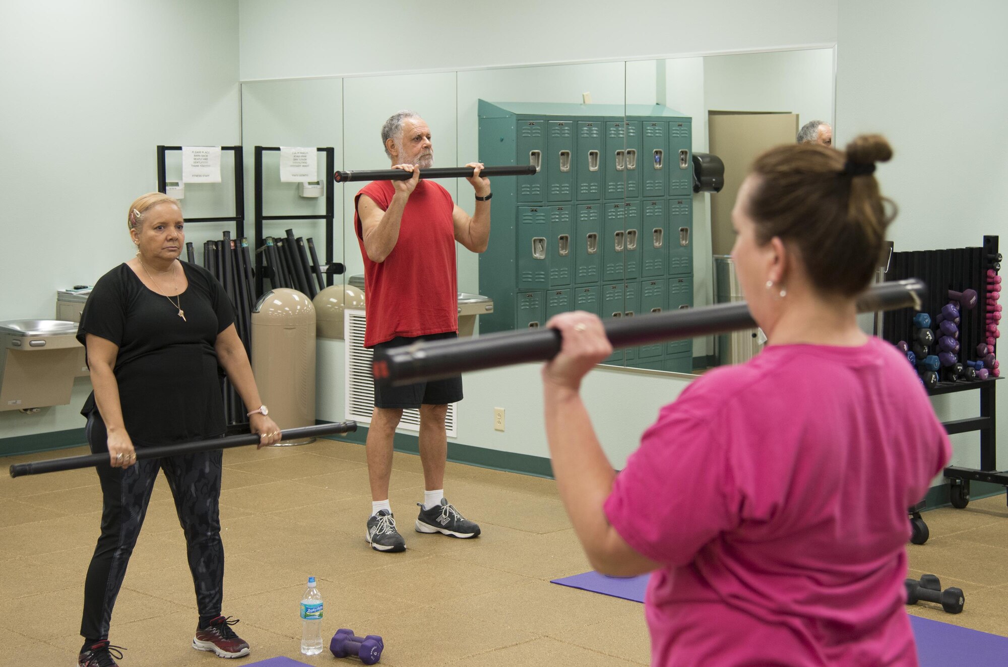 Steve Fleming, center, performs a row lift during Go4Life class Feb. 7 at Eglin Fieldhouse. 