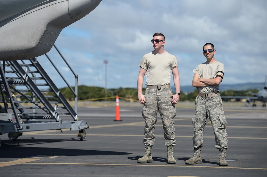 Airman 1st Class Kobe Kiesel (left) and Staff Sgt. Walter Bolles (right), aircrew flight equipment specialists assigned to the 513th Operations Support Squadron, wait for an E-3 Sentry aircraft to land on Jan. 25 at Joint Base Pearl Harbor-Hickam, Hawaii. Reservists from the 513th Air Control Group deployed to the Hawaiian Islands to provide command and control for Sentry Aloha 17-01, a primarily Reserve and Air National Guard exercise that involves more than 40 aircraft and 1,000 personnel. (U.S. Air Force photo by 2nd Lt. Caleb Wanzer)
