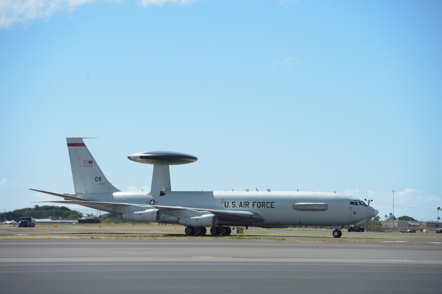 An E-3 Sentry Airborne Warning and Control System aircraft taxis into place Jan. 25 after returning from a mission at Joint Base Pearl Harbor-Hickam, Hawaii. Reservists from the 513th Air Control Group deployed to the Hawaiian Islands to provide command and control for Sentry Aloha 17-01, a primarily Reserve and Air National Guard exercise that involves more than 40 aircraft and 1,000 personnel. (U.S. Air Force photo by 2nd Lt. Caleb Wanzer)