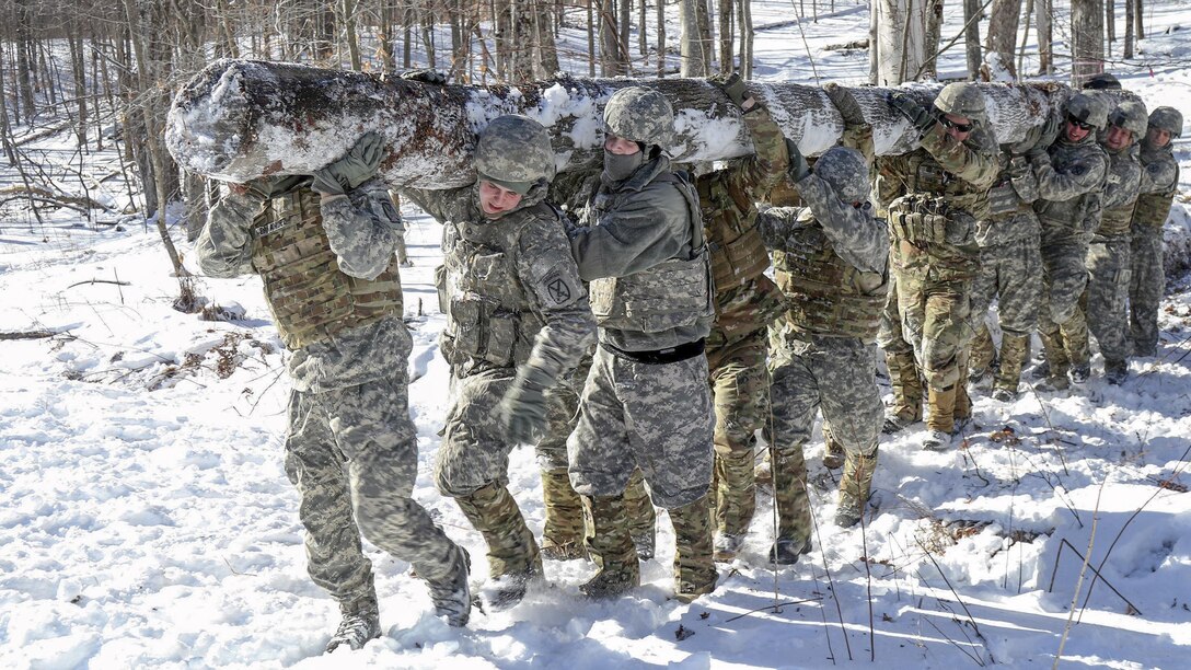 Soldiers hoist a log before building a log crib at Camp Ethan Allen Training Site in Jericho, Vt., Feb. 9, 2017. Setting up a series of log cribs slows down vehicles along roads in remote locations. The soldiers are assigned to the Vermont National Guard’s 572nd Engineer Battalion. Army National Guard photo by Sgt. Heidi Kroll