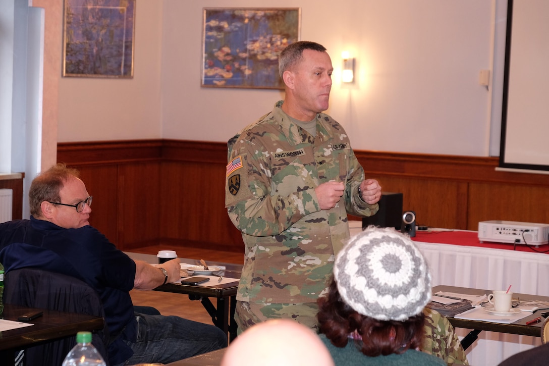 Brig. Gen. Steven W. Ainsworth, commanding general for the 7th Mission Support Command, speaks during the 99th Regional Support Command Retirement Services Office bi-annual preretirement brief hosted by the 7th MSC, Feb. 4, 2017.