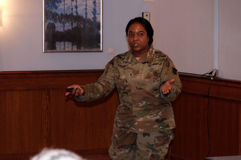 Maj. Quana Wright, 99th Regional Support Command Retirement Services Officer in Charge, speaks during the 99th Regional Support Command Retirement Services Office bi-annual preretirement brief hosted by the 7th MSC, Feb. 4, 2017.