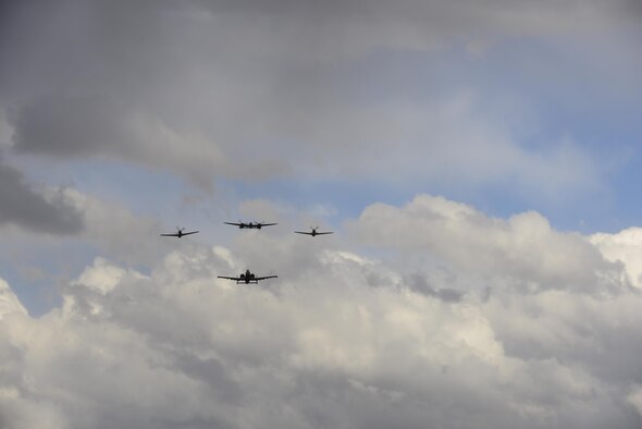 A U.S. Air Force A-10C Thunderbolt II, P-38 Lightning, TF-51 and P-51 Mustang fly in formation during the 2017 Heritage Flight Training and Certification Course at Davis-Monthan Air Force Base, Ariz., Feb. 12, 2017. Established in 1997, the HFTCC certifies civilian pilots of historic military aircraft and U.S. Air Force pilots to fly in formation together during the upcoming air show season. (U.S. Air Force Photo by Airman 1st Class Nathan H. Barbour)