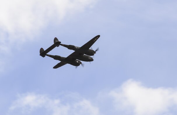 A P-38 lightning performs during the 2017 Heritage Flight Training and Certification Course at Davis-Monthan Air Force Base, Ariz., Feb. 12, 2017. The annual aerial demonstration training event has been held at D-M since 2001 and featured aerial demonstrations from historical and modern fighter aircraft. (U.S. Air Force Photo by Airman 1st Class Nathan H. Barbour)