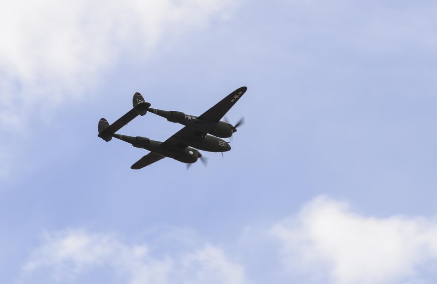 A P-38 lightning performs during the 2017 Heritage Flight Training and Certification Course at Davis-Monthan Air Force Base, Ariz., Feb. 12, 2017. The annual aerial demonstration training event has been held at D-M since 2001 and featured aerial demonstrations from historical and modern fighter aircraft. (U.S. Air Force Photo by Airman 1st Class Nathan H. Barbour)