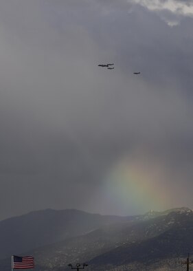 A U.S. Air Force A-10C Thunderbolt II, a TF-51 and two P-51 Mustangs fly in formation during the 2017 Heritage Flight Training and Certification Course at Davis-Monthan Air Force Base, Ariz., Feb. 12, 2017. The HFTCC provides civilian and military pilots the opportunity to practice flying in formation together in preparation for future air shows. (U.S. Air Force Photo by Airman 1st Class Nathan H. Barbour)