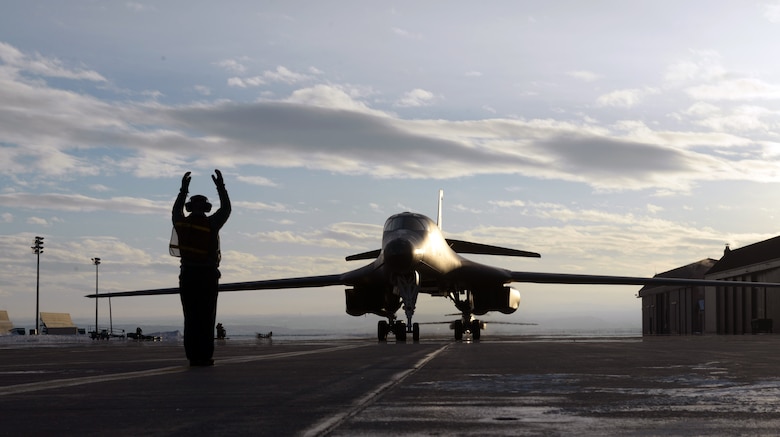 A B-1 bomber returns to Ellsworth Air Force Base, S.D., Feb. 8, 2017. Aircrews from the 34th Expeditionary Bomb Squadron returned home safely after a six-month deployment to Guam. (U.S. Air Force photo by Airman 1st Class Donald C. Knechtel)