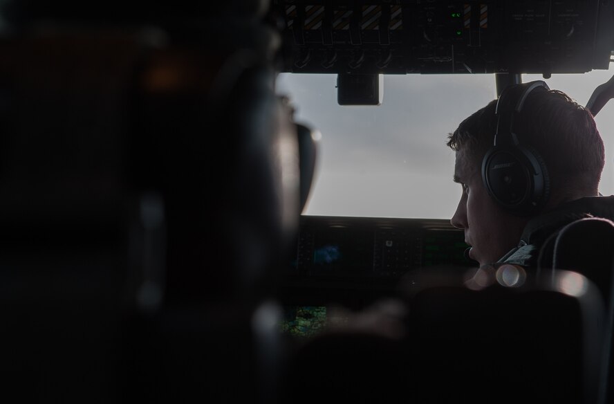 First Lieutenant Thomas Arnett, 37th Airlift Squadron pilot, copilots a C-130J Super Hercules during his unit’s 75th anniversary flight over Germany Feb. 10, 2017. Pilots have been flying with the 37th since February 1942, when the unit was activated as the 37th Transport Squadron. Since then, the unit has relocated nine times, the most recent being here with the 86th Operations Group since October 1994. (U.S. Air Force photo by Senior Airman Lane T. Plummer)