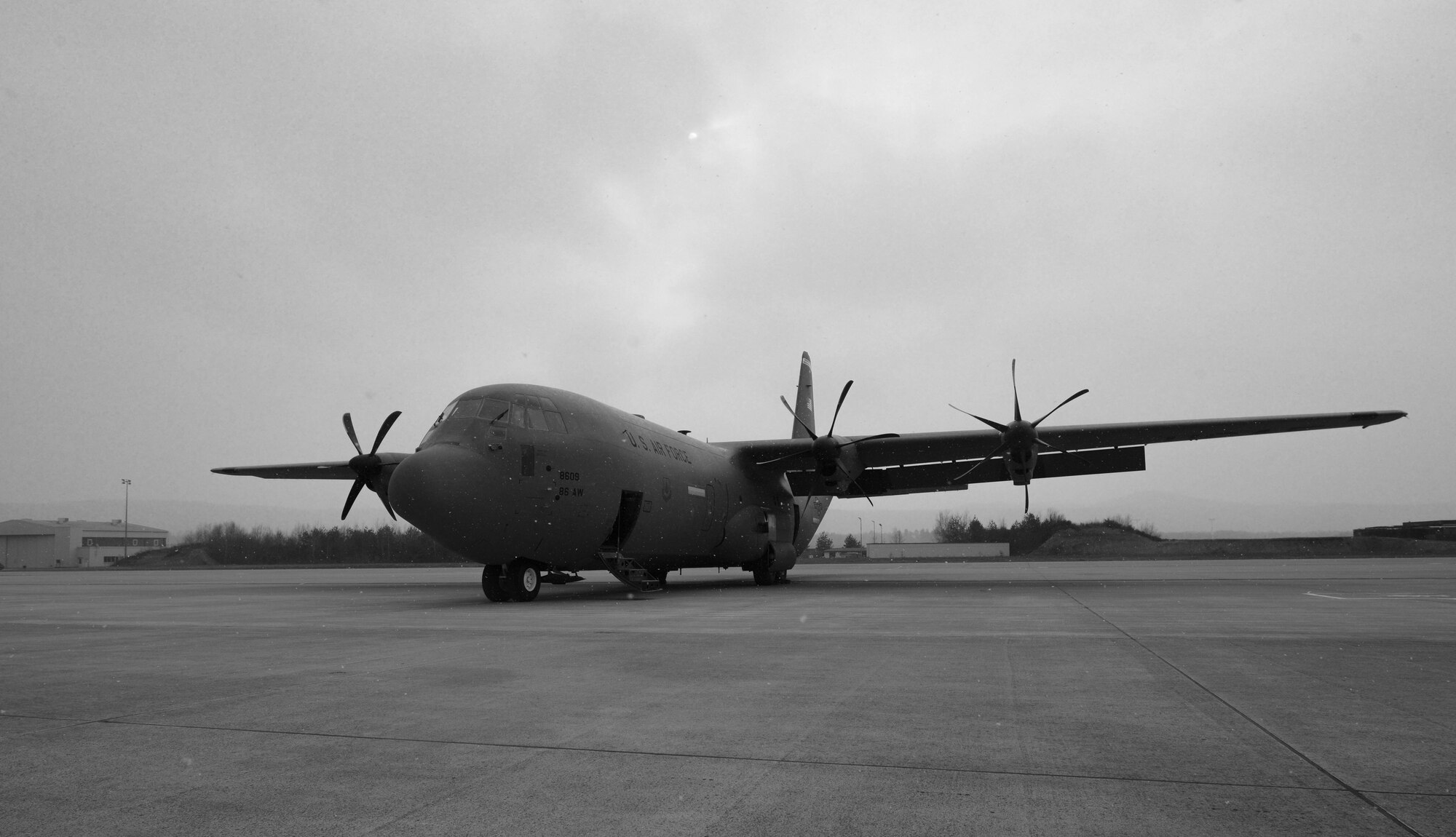 A 37th Airlift Squadron C-130J Super Hercules sits on the flightline on Ramstein Air Base, Germany, Feb. 10, 2017. The 37th AS has used a variety of aircraft since its activation as a unit in 1942, with the current aircraft being the C-130J. (U.S. Air Force photo by Airman 1st Class Joshua Magbanua)