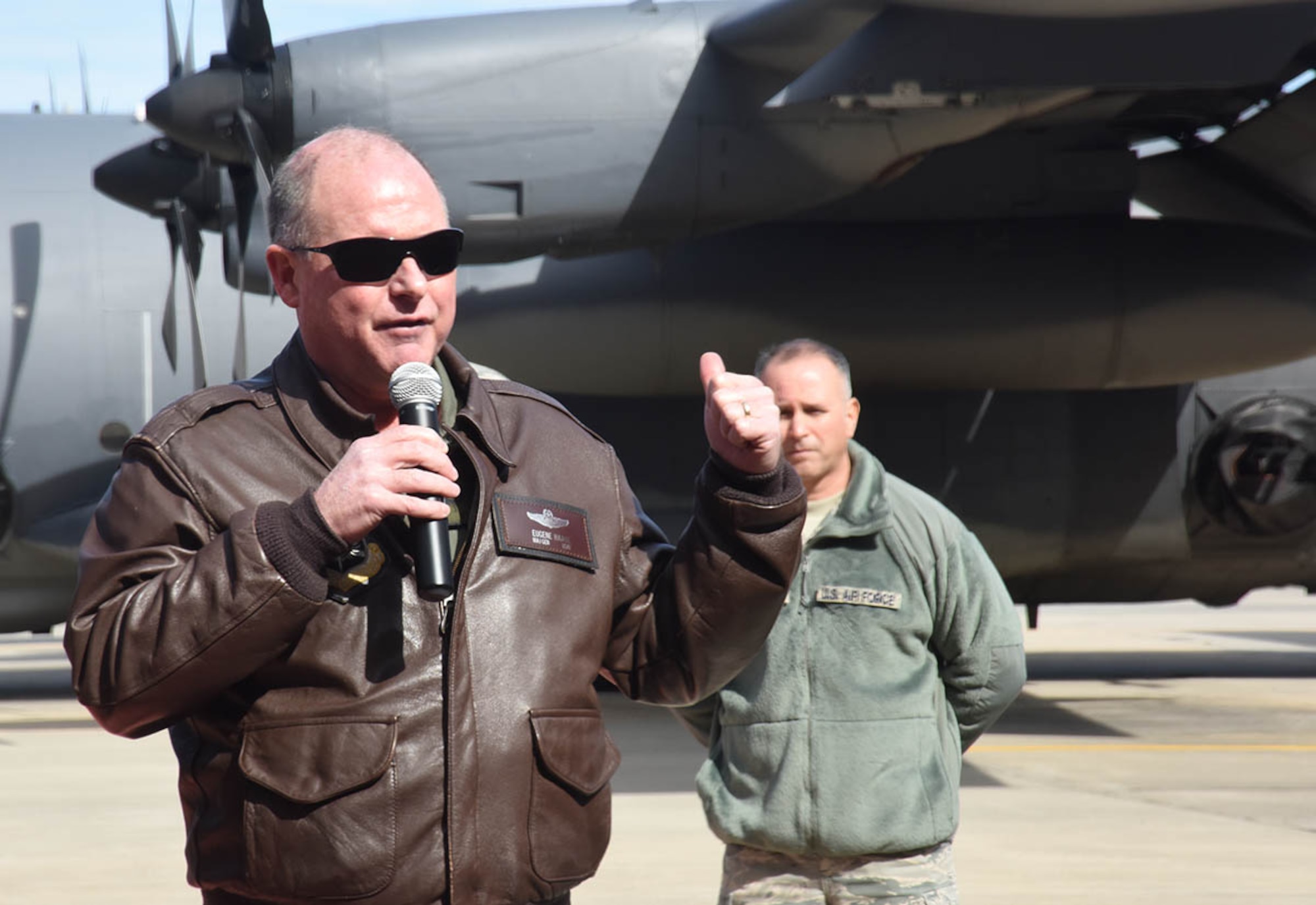 Maj. Gen. Eugene Haase, AFSOC vice commander, speaks to Team Robins maintenance professionals during a special visit to the base to laud the accelerated programmed depot maintenance work being done on AFSOC aircraft. (U.S. Air Force photo by Ed Aspera)