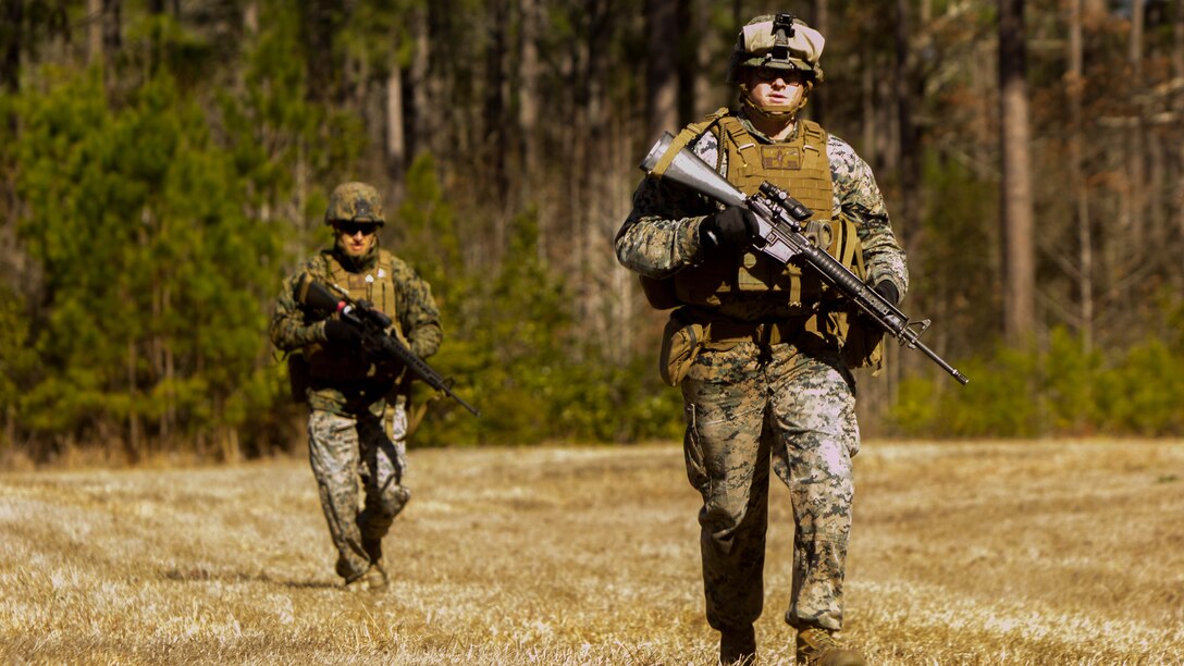 Marines participate with 2nd Law Enforcement Battalion in a grenade assault course at Marine Corps Base Camp Lejeune, North Carolina, Feb. 9, 2017. The course prepared Marines to use the M67 fragmentation hand grenade. The exercise was in preparation for an upcoming Integrated Training Exercise 3-17 at Marine Air-Ground Combat Center Twenty-Nine Palms, California. 