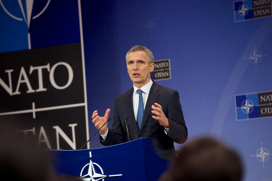 NATO Secretary General Jens Stoltenberg addresses reporters at NATO headquarters in Brussels, Feb. 14, 2017. Defense Secretary Jim Mattis and Stoltenberg are slated to attend a meeting of NATO defense ministers Feb. 15-16 in Brussels. NATO photo