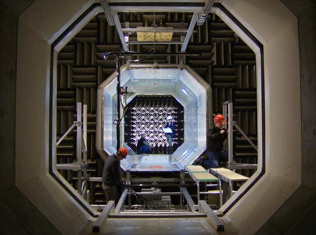 From left: Jason Joiner, Kent Bartlett, Emilia Kawashima and Jonathan Forest prepare the Anechoic Flow Facility for a test Nov. 20, 2016, at Naval Surface Warfare Center, Carderock Division in West Bethesda, Md. (Photo by Steven Garafalo/Released)