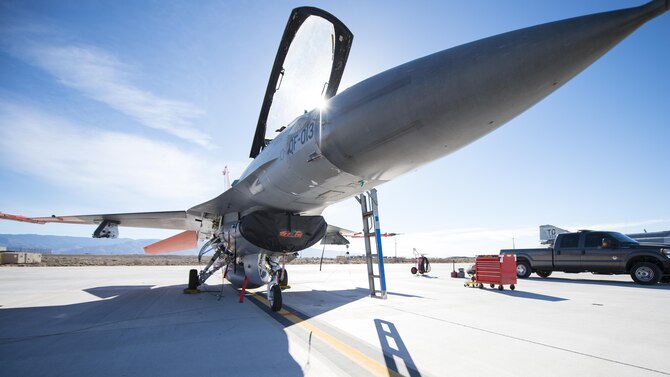 A QF-16 drone sits on the flightline before its first flight at Holloman Air Force Base, N.M., Feb. 10, 2017. Lt. Col. Ronald King, the 82nd Aerial Targets Squadron, Det. 1 commander, piloted the drone during the first flight since the 82nd ATRS, Det. 1 transitioned from QF-4 Phantoms to QF-16s. The QF-16 serves as a full-scale aerial target to test next-generation weapons systems. (U.S. Air Force photo by Senior Airman Emily Kenney)