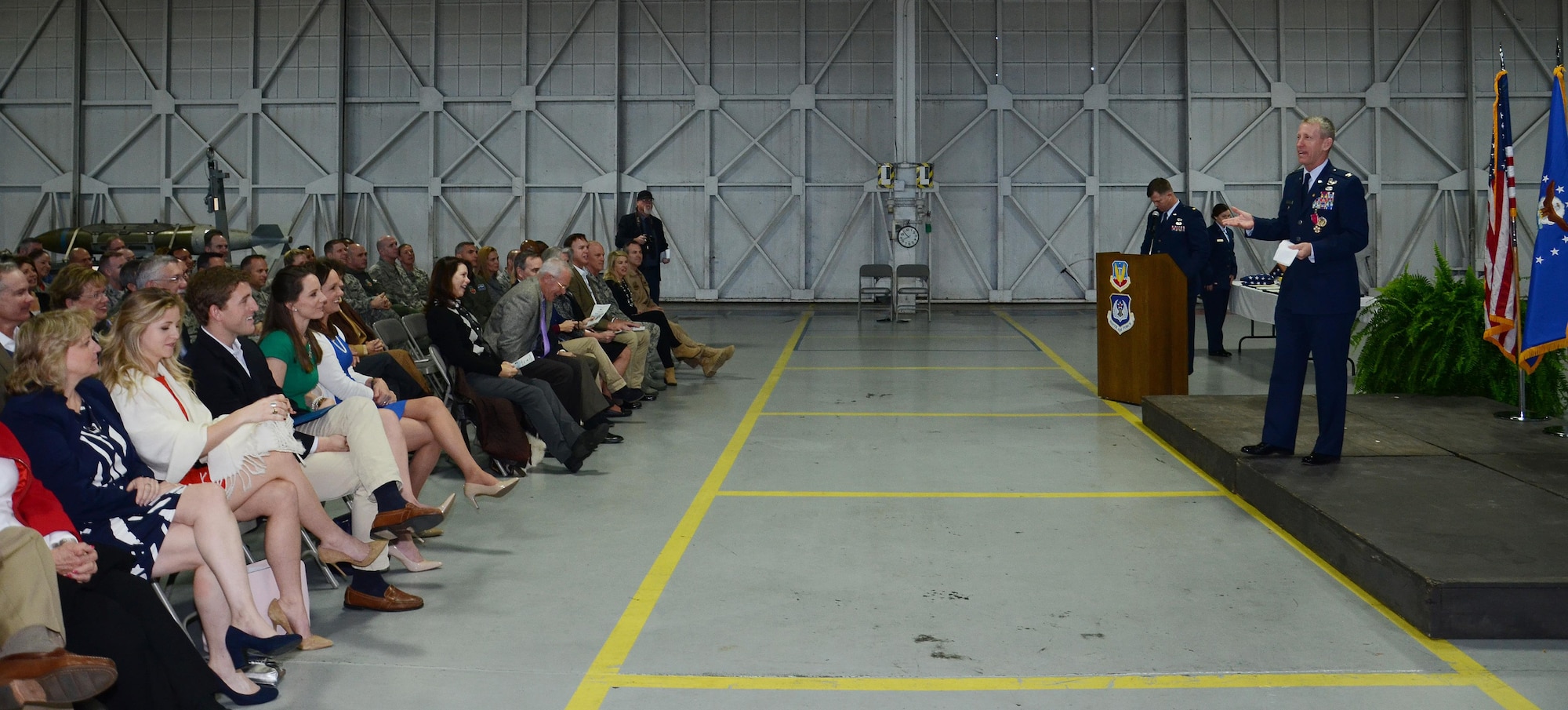 U.S. Air Force Col. Scott Caine, 9th Air Force vice commander, speaks to family, friends and coworkers during his retirement ceremony, Shaw Air Force Base, S.C., Feb. 10, 2017. Caine retired after 30 years in the Air Force with more than 3,400 flying hours including combat missions in support of Operations Deny Flight, Decisive Endeavor, Deliberate Guard and Southern Watch. (U.S. Air Force photo by Tech. Sgt. Amanda Dick)