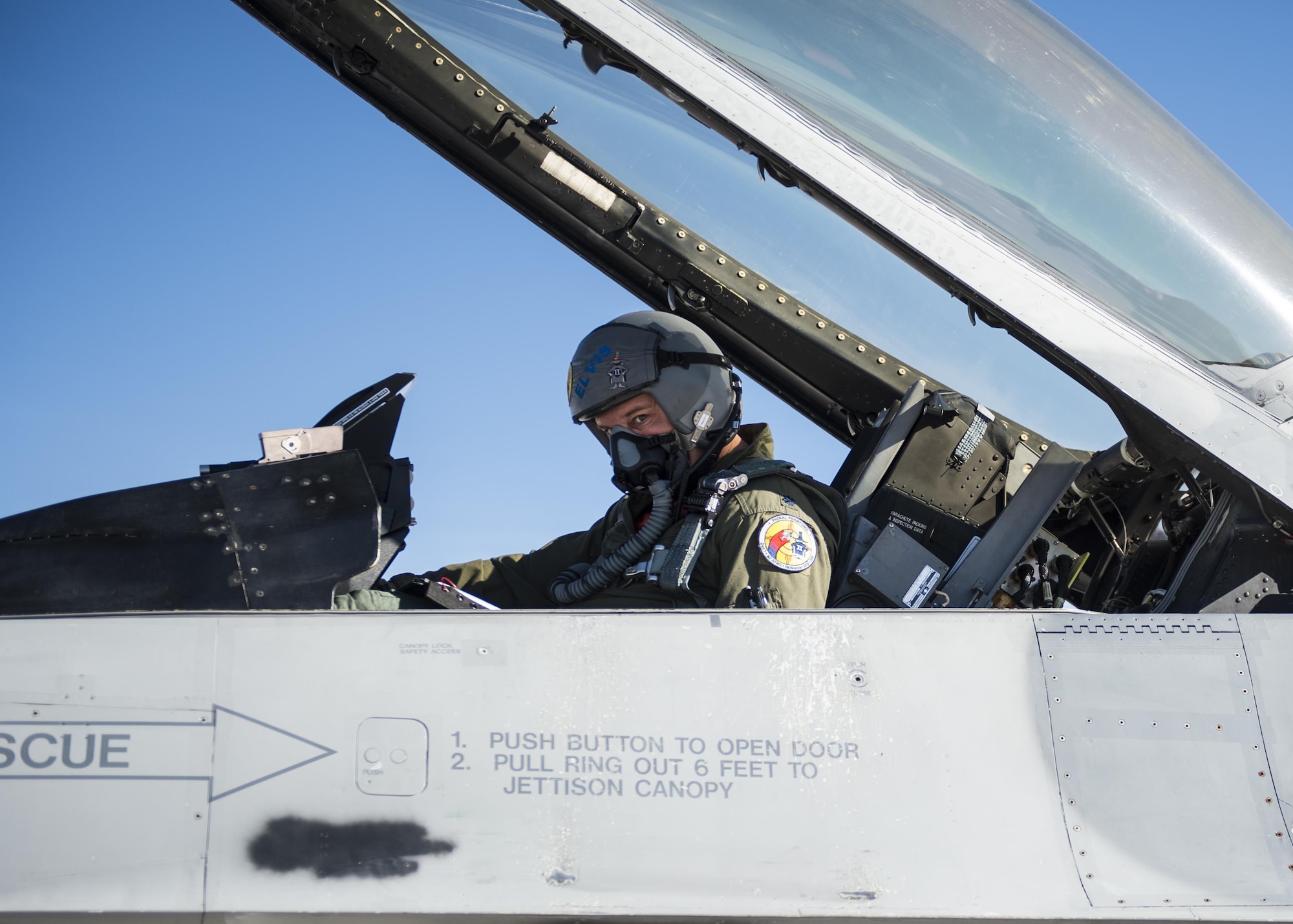 Lt. Col. Ronald King, the 82nd Aerial Targets Squadron, Det. 1 commander, prepares for the first QF-16 drone flight at Holloman Air Force Base, N.M., on Feb. 10, 2017. The QF-16 has been flying at Tyndall Air Force Base, Florida since late 2012. This was the first flight at Holloman since the QF-4 Phantom officially retired in 2016 and the detachment transitioned to flying QF-16s. (U.S. Air Force photo by Senior Airman Emily Kenney)