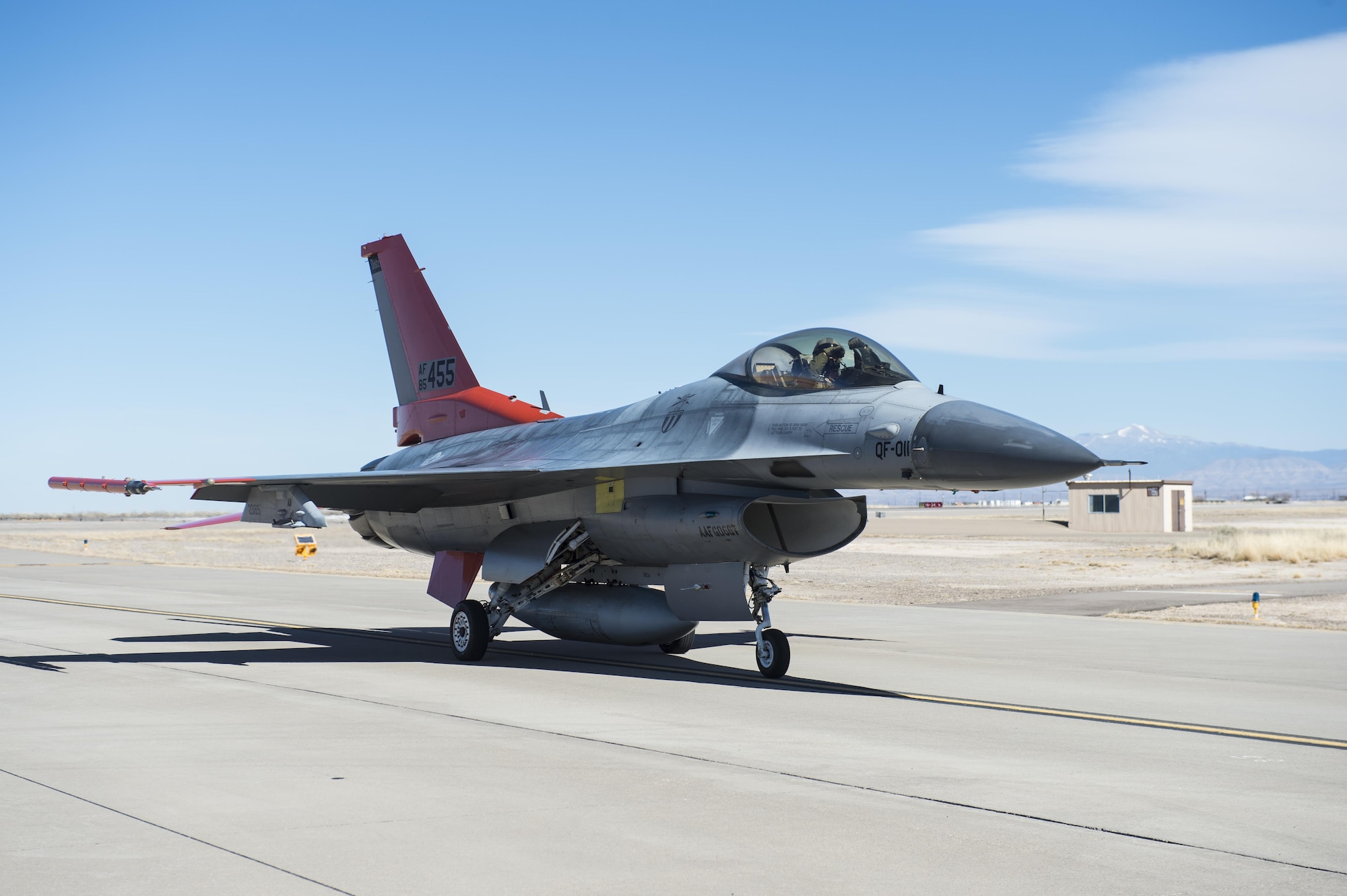 A QF-16 drone taxis back to the 82nd Aerial Targets Squadron, Det. 1 ramp, after its first flight at Holloman Air Force Base, N.M., Feb. 10, 2017. The QF-16 has been flying at Tyndall Air Force Base, Florida since late 2012. This was the first flight at Holloman since the QF-4 Phantom officially retired in 2016 and the detachment transitioned to flying QF-16s. (U.S. Air Force photo by Senior Airman Emily Kenney)