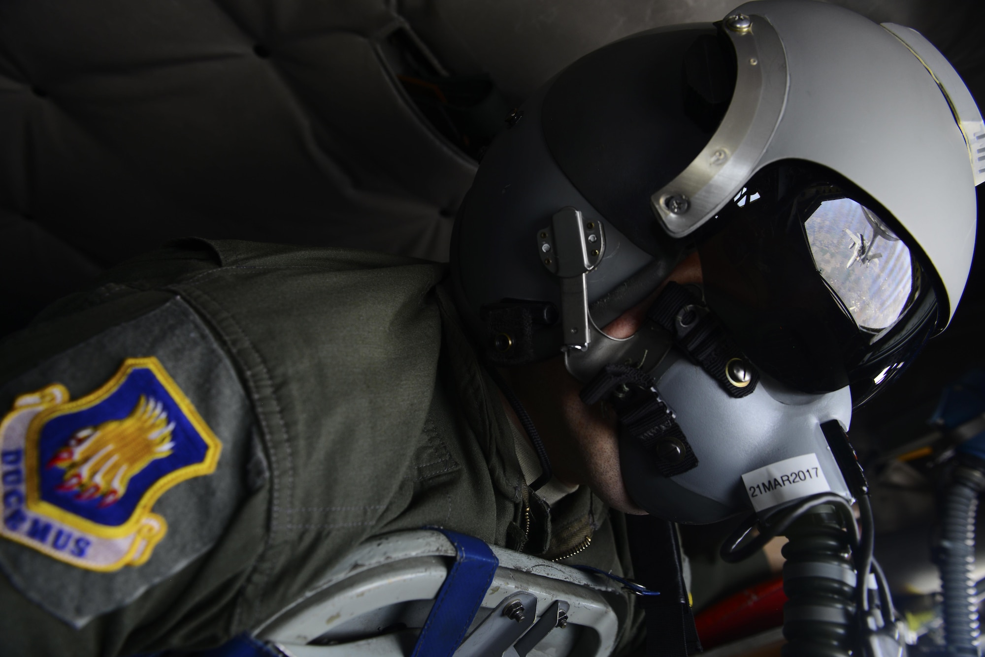 Master Sgt. Bartek Bachleda, 22nd Air Refueling Wing Plans and Programs superintendent, refuels an F-18 Hornet in the air over Missouri, Feb. 10, 2017. Bachleda developed an ergonomically correct support cushion and floor panel for KC-135 Stratotanker boom operators, which potentially saves Airmen from future medical problems. (U.S. Air Force photo/Staff Sgt. Trevor Rhynes)