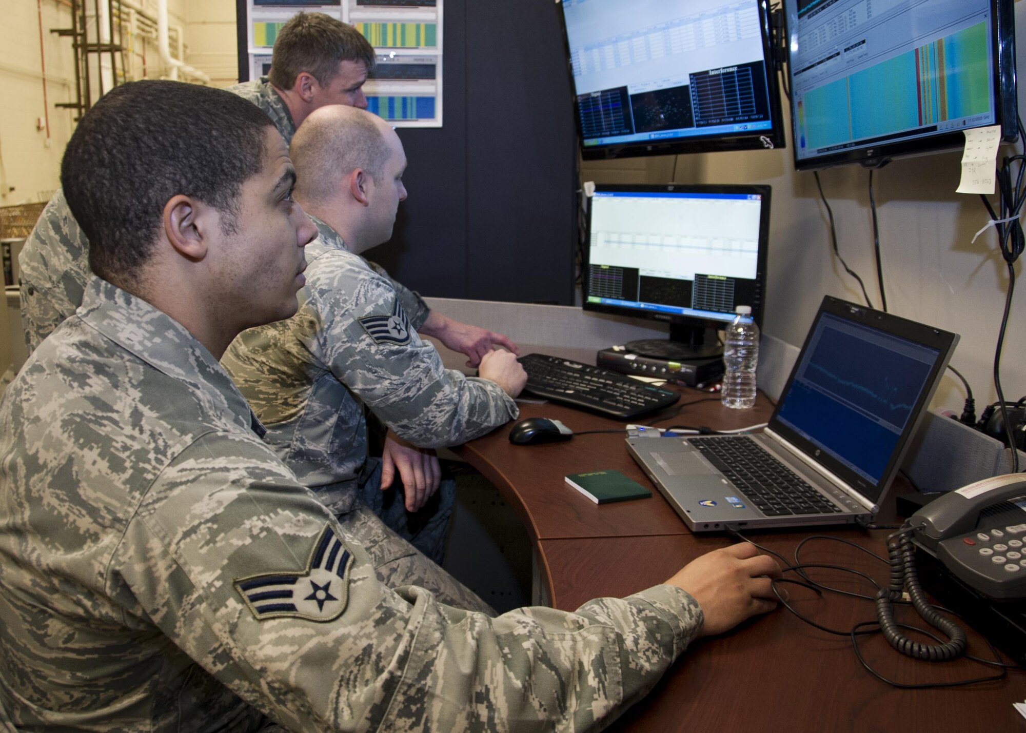 PETERSON AIR FORCE BASE, Colo. -- Members of the 380th Space Control Squadron, Senior Airman Joshua Foster, Staff Sgt. Richard Teller and Staff Sgt. Evan Smith, participate in Red Flag 17-1 on Tuesday, Feb. 7th, 2017. Red Flag gives Airmen the opportunity to train and defeat potential adversary attacks against U.S. forces and allows them to refine and confirm defensive space control tactics. (U.S. Air Force photo/Senior Airman Laura Turner)