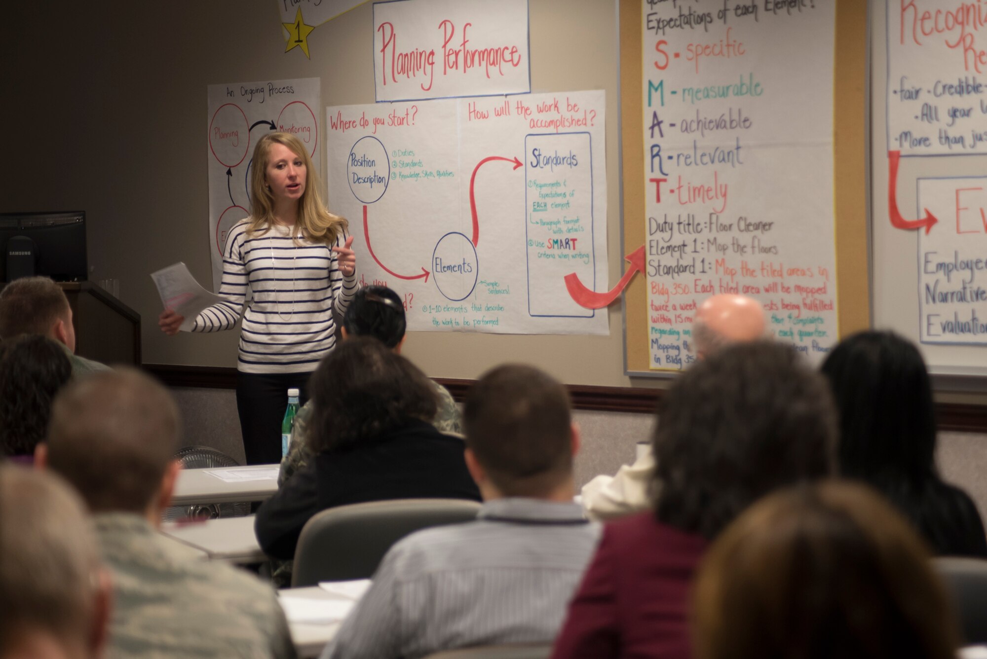 PETERSON AIR FORCE BASE, Colo. – Laura Rolfe, 21st Force Support Squadron civilian personnel flight employee relations specialist, trains supervisors on the new Department of Defense Performance Management and Appraisal Program at Peterson Air Force Base, Colo., Feb. 7, 2017. After a December class, an Air Force Space Command representative commended Rolfe and her team on her DPMAP training, and other space wings have showed interest in disseminating the class to their supervisors. (U.S. Air Force photo by Airman 1st Class Dennis Hoffman)