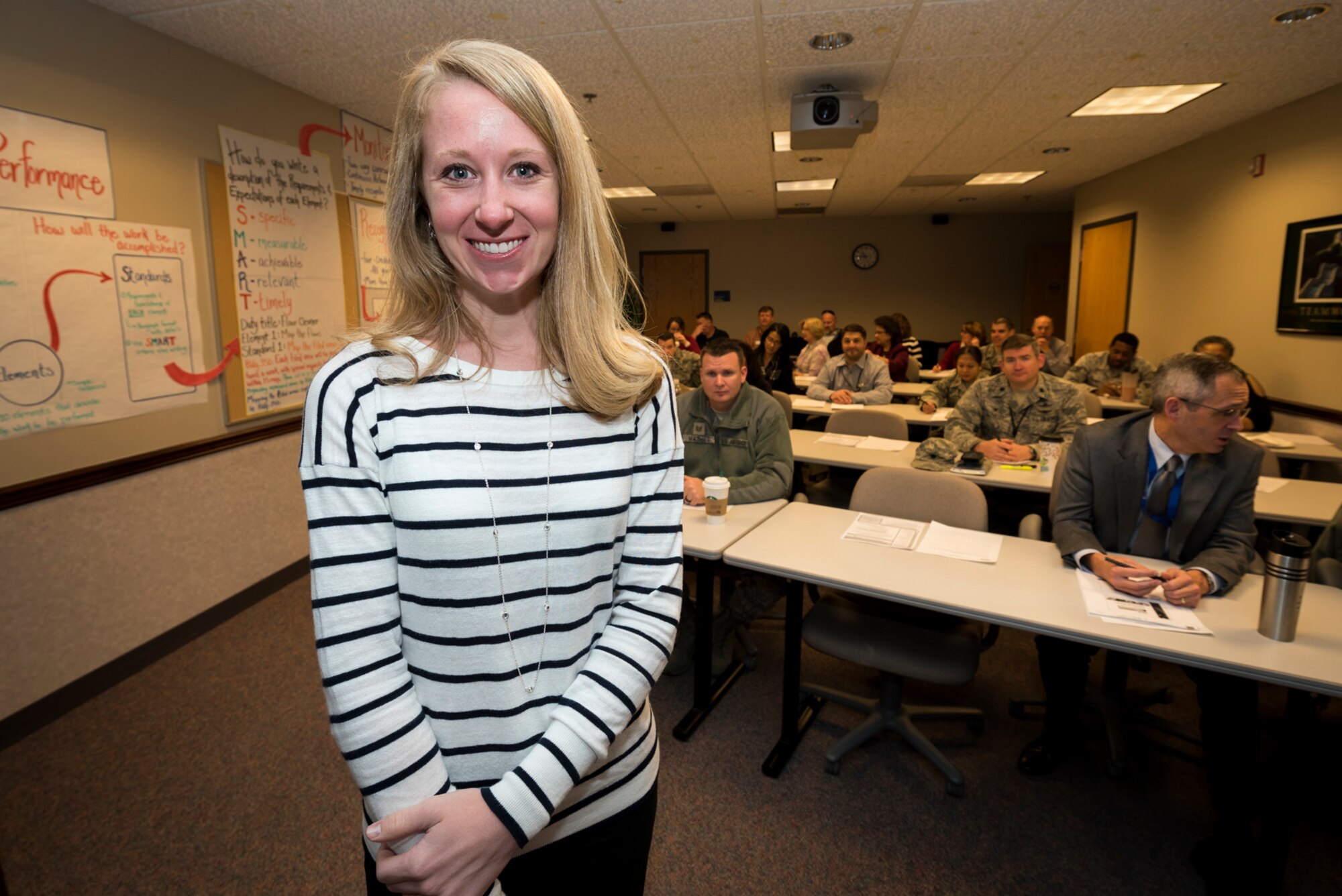 PETERSON AIR FORCE BASE, Colo. – Laura Rolfe, 21st Force Support Squadron civilian personnel flight employee relations specialist, condensed a 17-hour Department of Defense Performance Management and Appraisal Program training into a flagship course offered at Peterson Air Force Base, Colo., Feb. 7, 2017. Rolfe will directly educate between 700-800 DoD supervisors, including generals, on the DPMAP training by March 31. (U.S. Air Force photo by Airman 1st Class Dennis Hoffman)