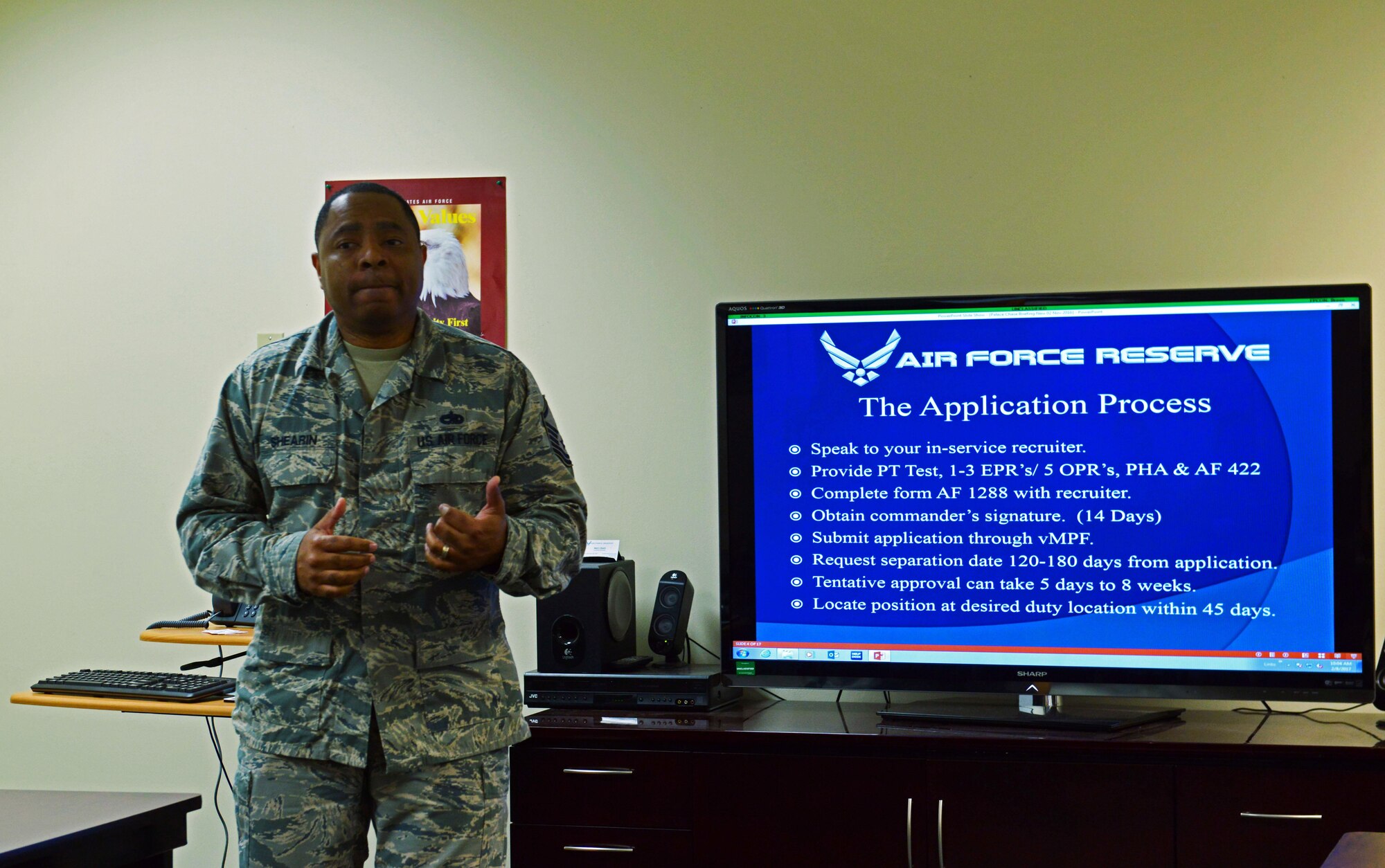 U.S. Air Force Master Sgt. Mark Shearin, 20th Force Support Squadron in-service recruiter, speaks during a Palace Chase briefing at Shaw Air Force Base, S.C., Feb. 8, 2017. To apply for Palace Chase, an individual cannot be on a control roster, notified of a permanent change of station or deployment, and must be medically qualified for worldwide duty. (U.S. Air Force photo by Airman 1st Class Destinee Sweeney)